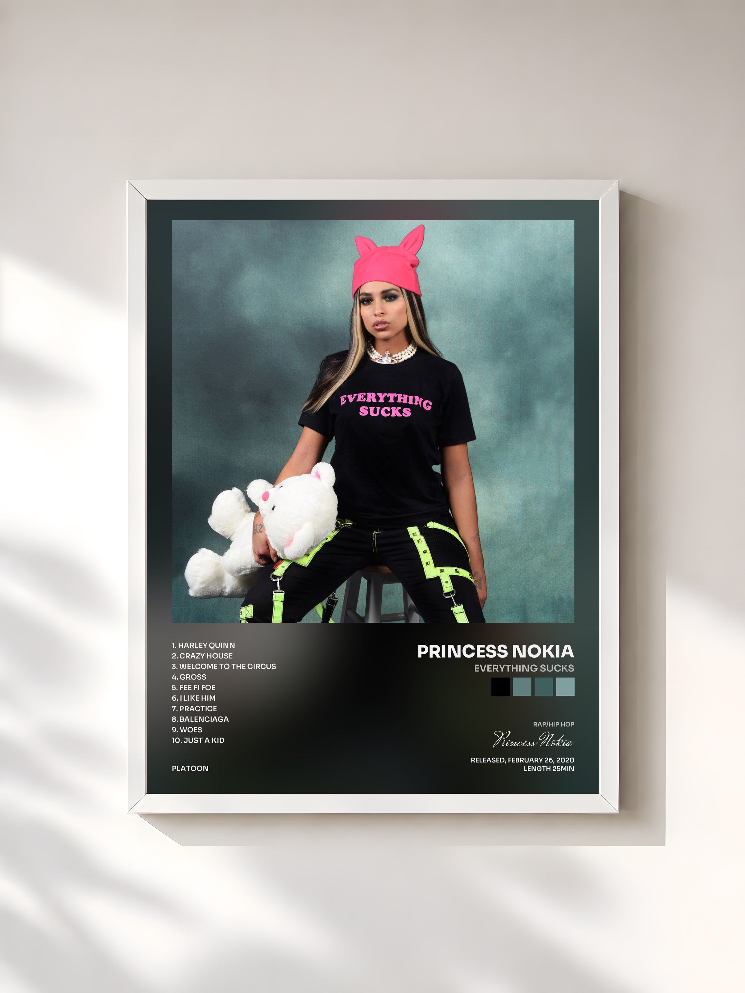 #blanc Tableau de l'album Everything Sucks de Princess Nokia, cadre blanc, imprimé et encadré en France