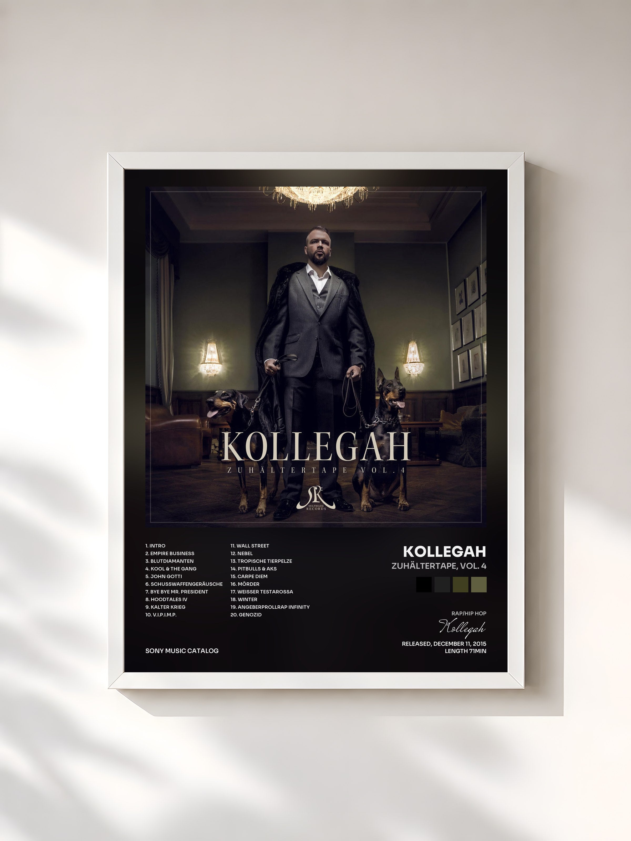 #blanc Tableau de l'album Zuhältertape, Vol. 4 de Kollegah, cadre blanc, imprimé et encadré en France