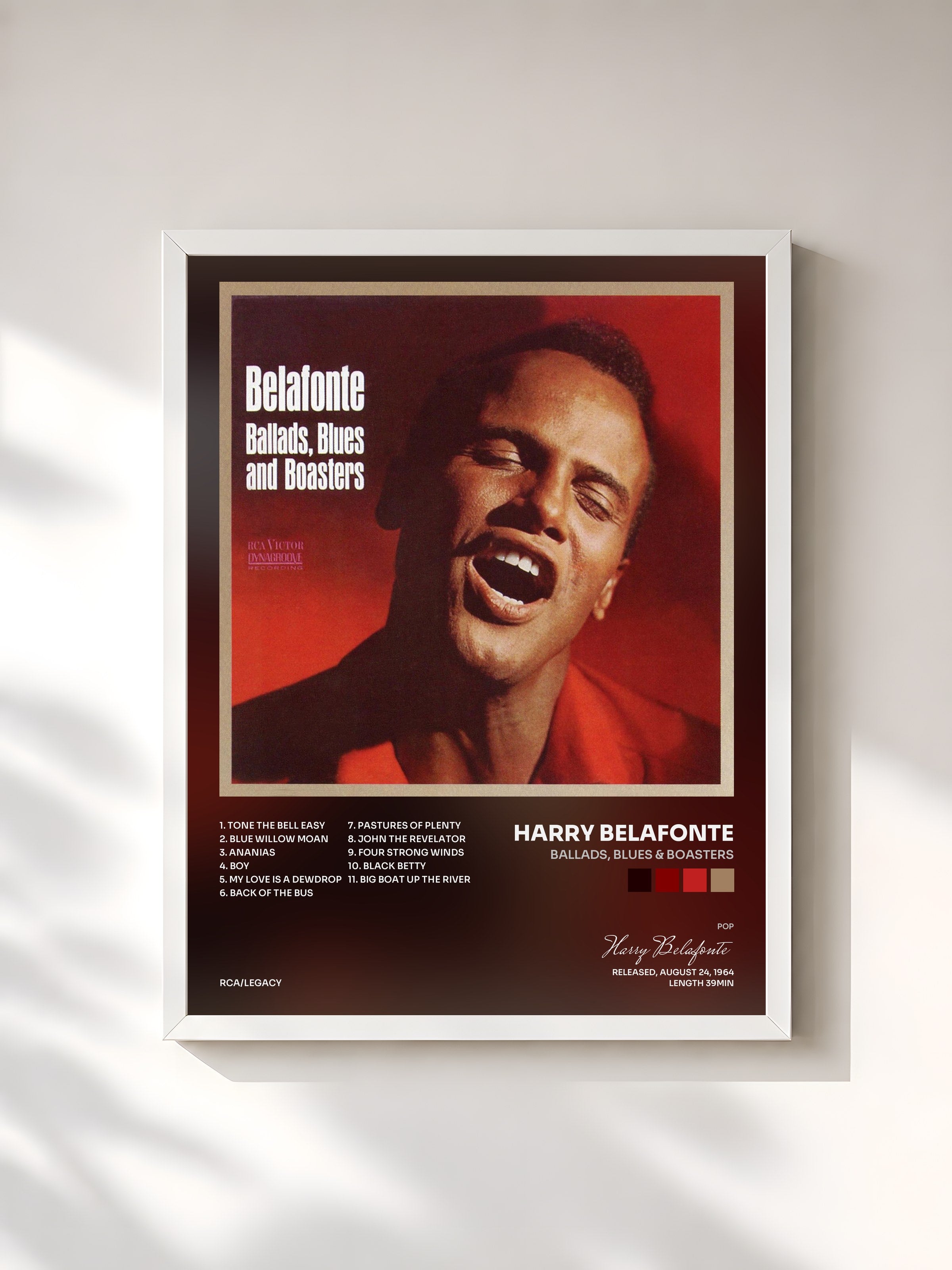 #blanc Tableau de l'album Ballads, Blues & Boasters de Harry Belafonte, cadre blanc, imprimé et encadré en France