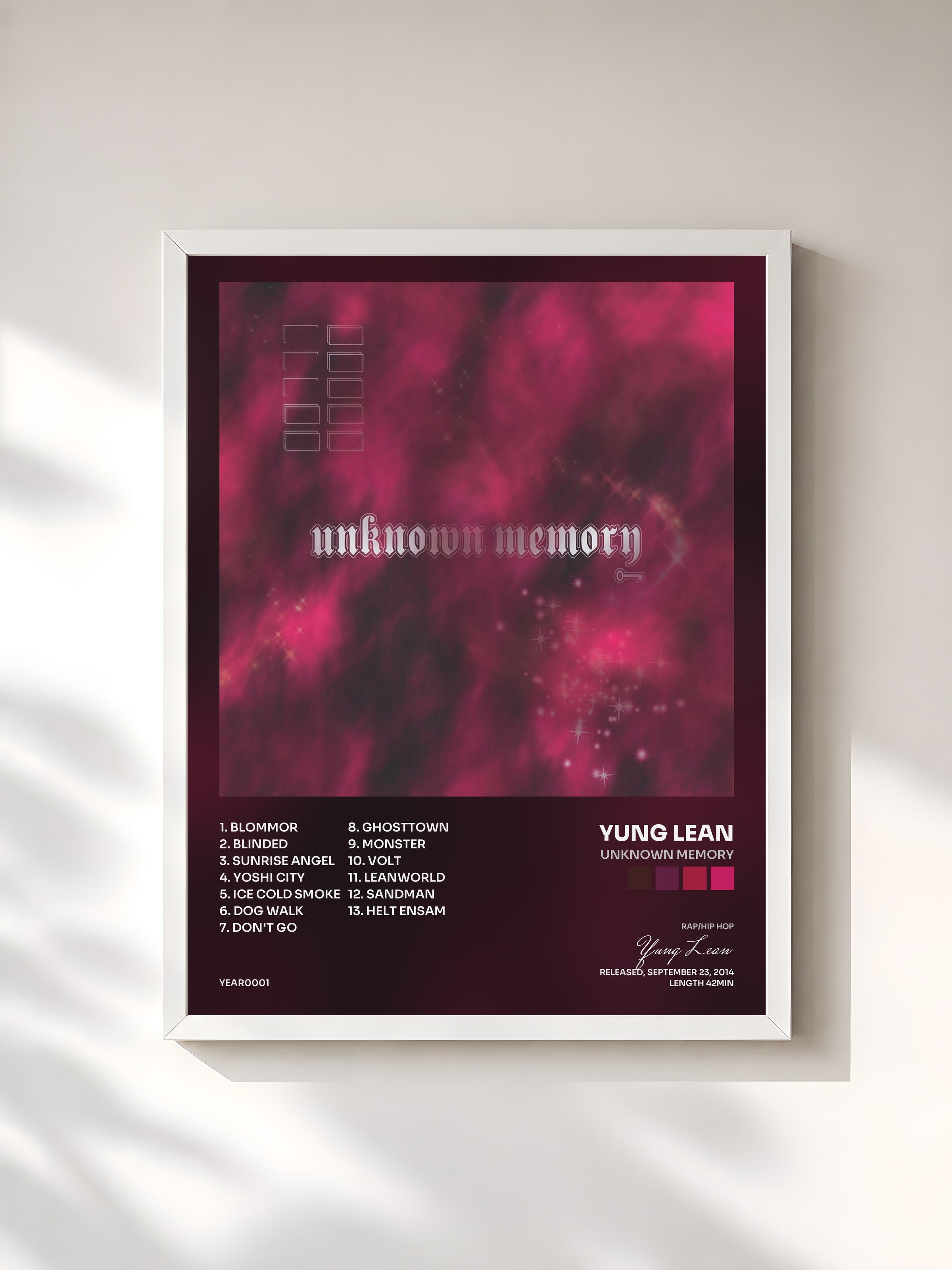 #blanc Tableau de l'album Unknown Memory de Yung Lean, cadre blanc, imprimé et encadré en France
