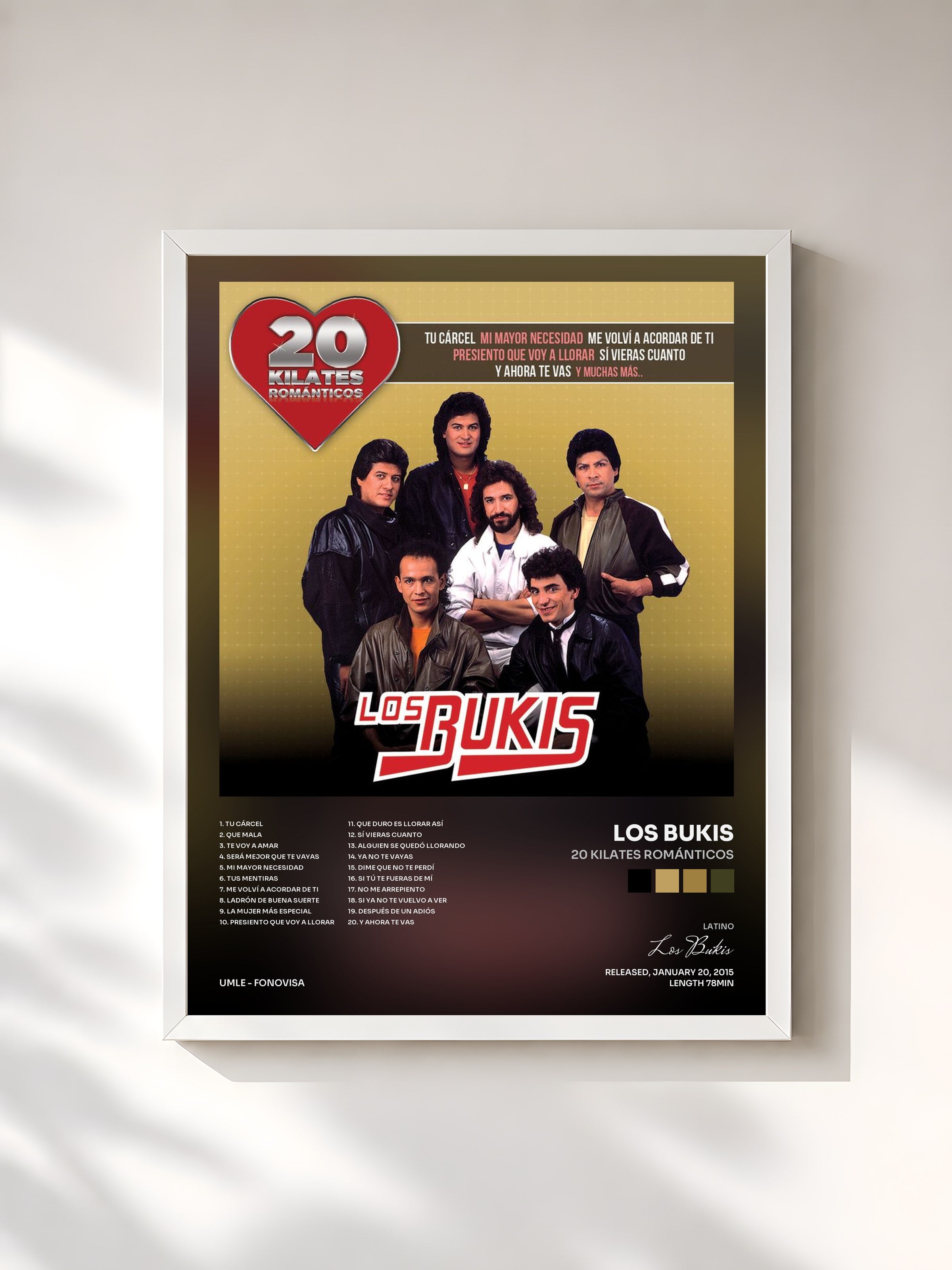 #blanc Tableau de l'album 20 Kilates Románticos de Los Bukis, cadre blanc, imprimé et encadré en France