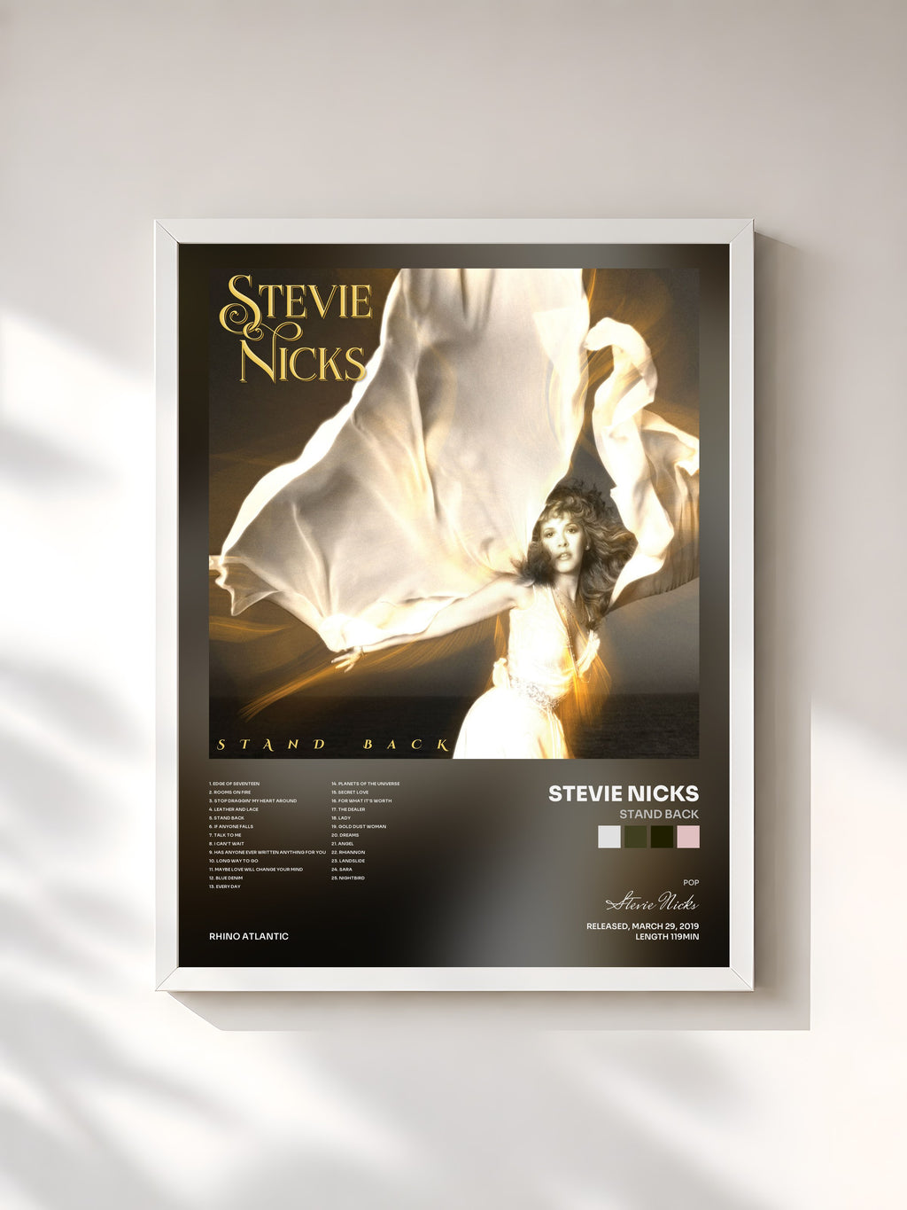 #blanc Tableau de l'album Stand Back de Stevie Nicks, cadre blanc, imprimé et encadré en France