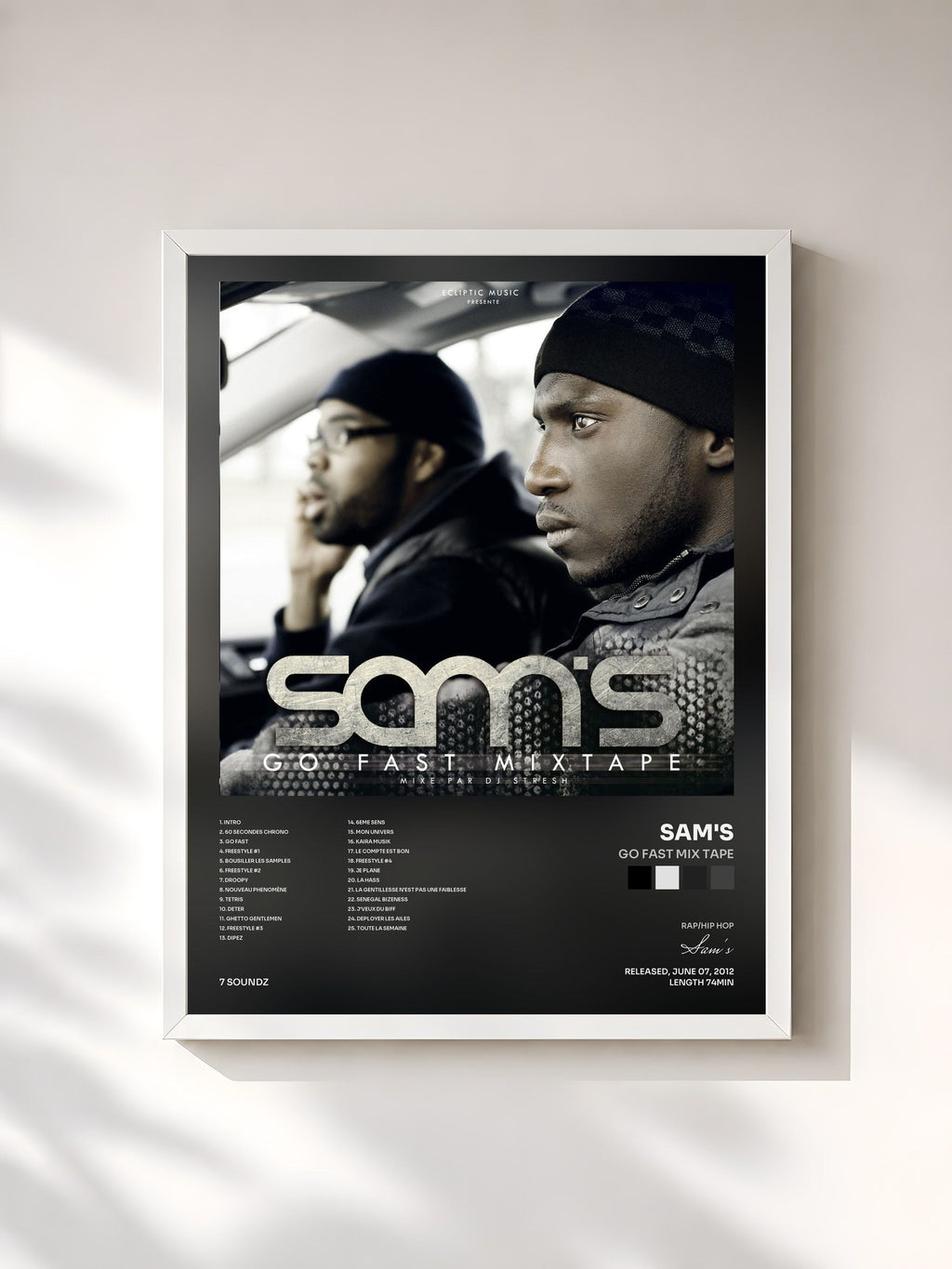 #blanc Tableau de l'album Go Fast Mix tape de Sam's, cadre blanc, imprimé et encadré en France