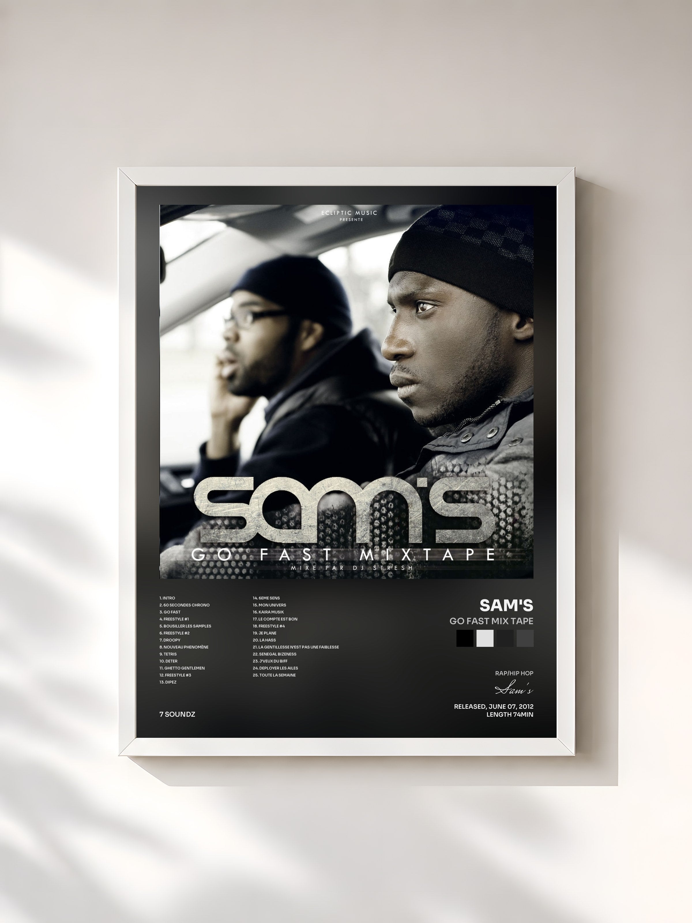 #blanc Tableau de l'album Go Fast Mix tape de Sam's, cadre blanc, imprimé et encadré en France