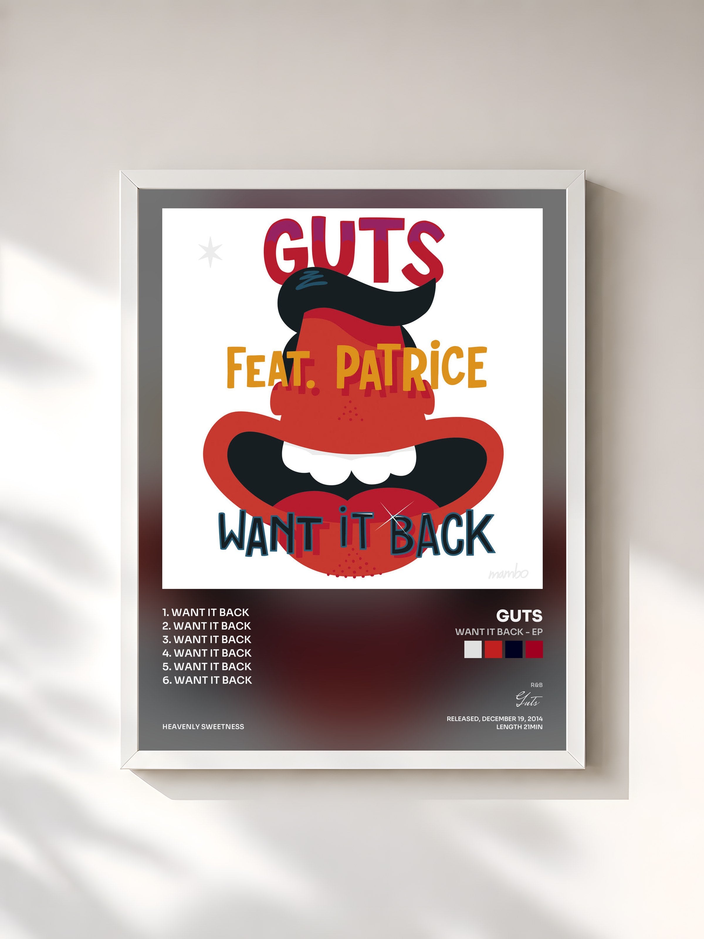 #blanc Tableau de l'album Want It Back - EP de Guts, cadre blanc, imprimé et encadré en France