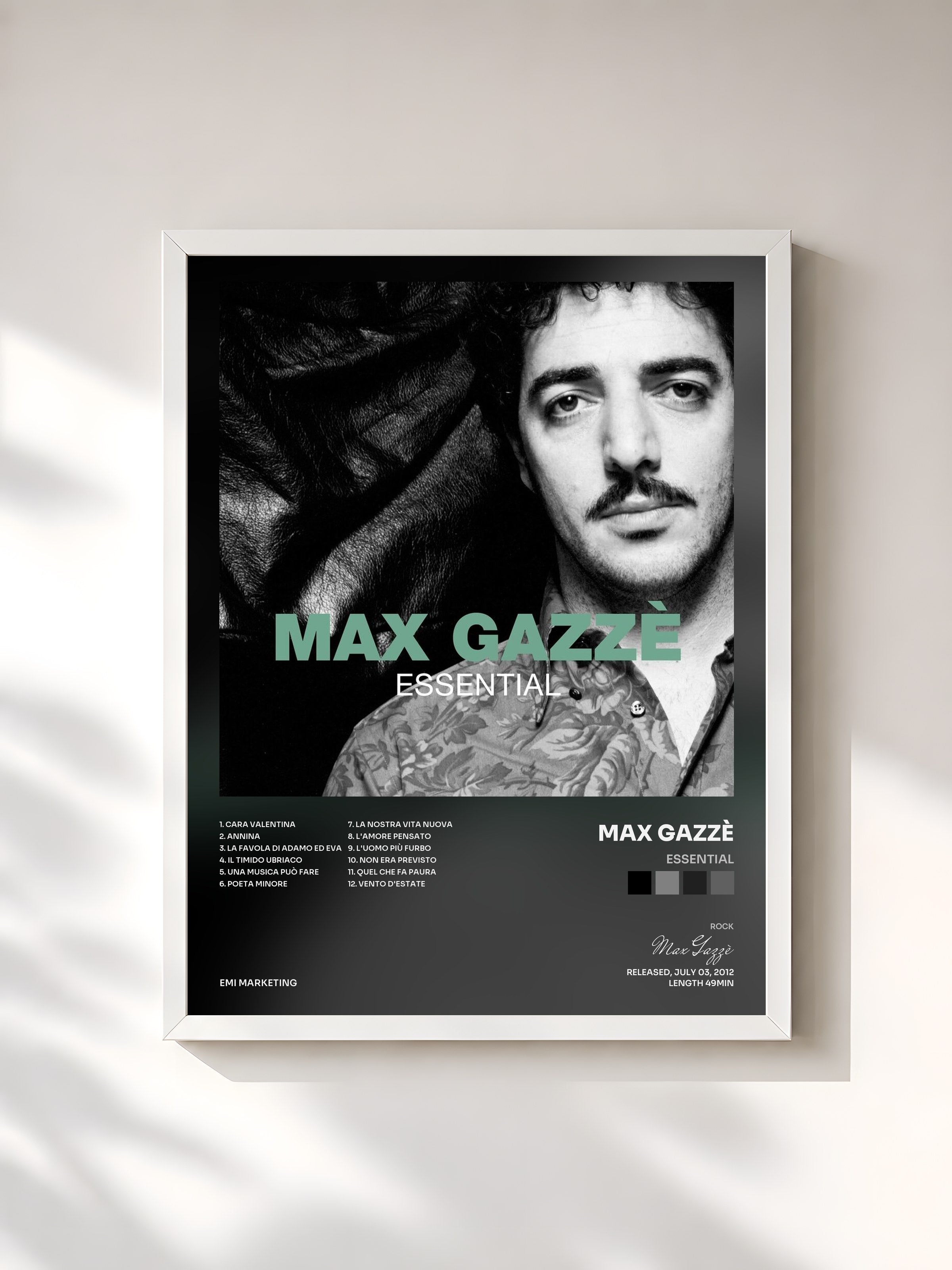 #blanc Tableau de l'album Essential de Max Gazzè, cadre blanc, imprimé et encadré en France