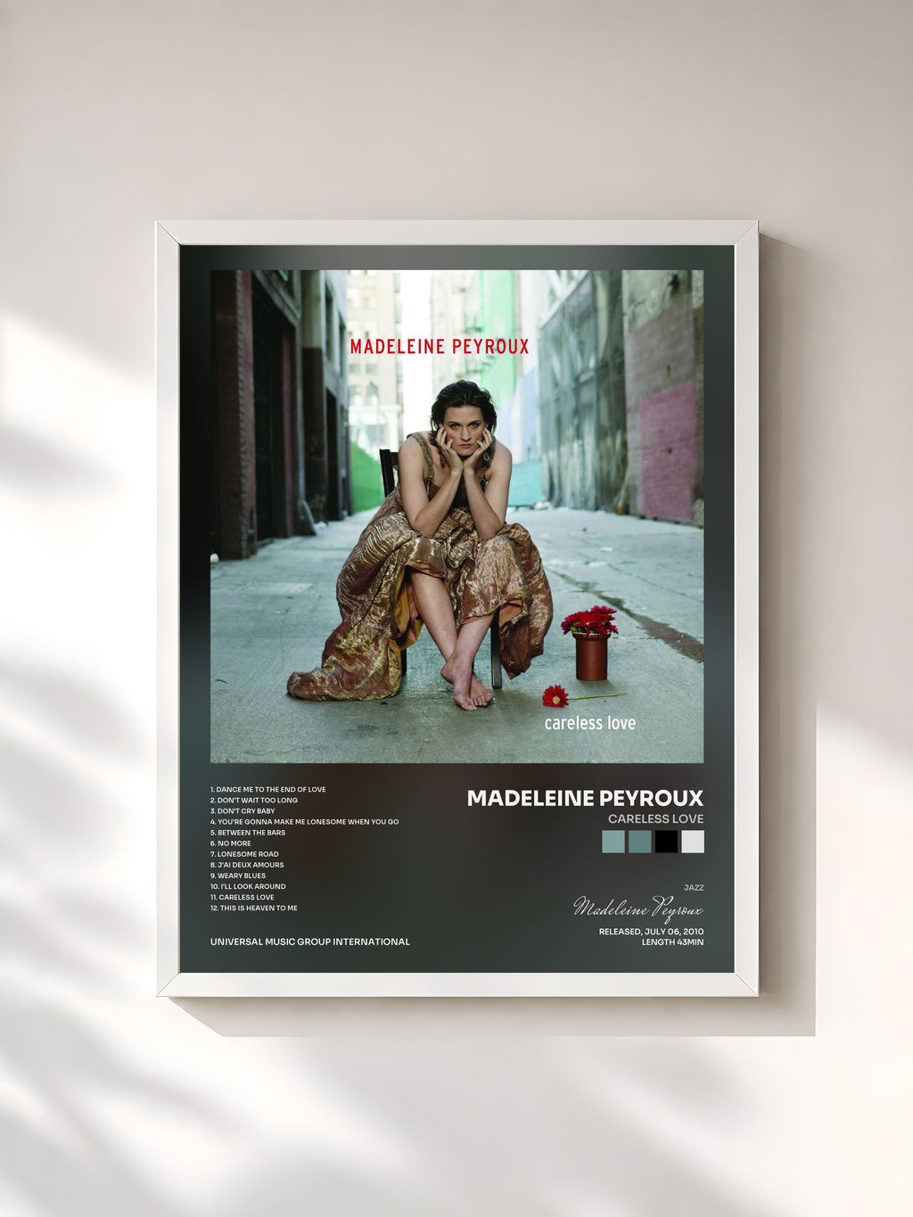 #blanc Careless Love by Madeleine Peyroux as a framed art print, white frame, printed and framed in France