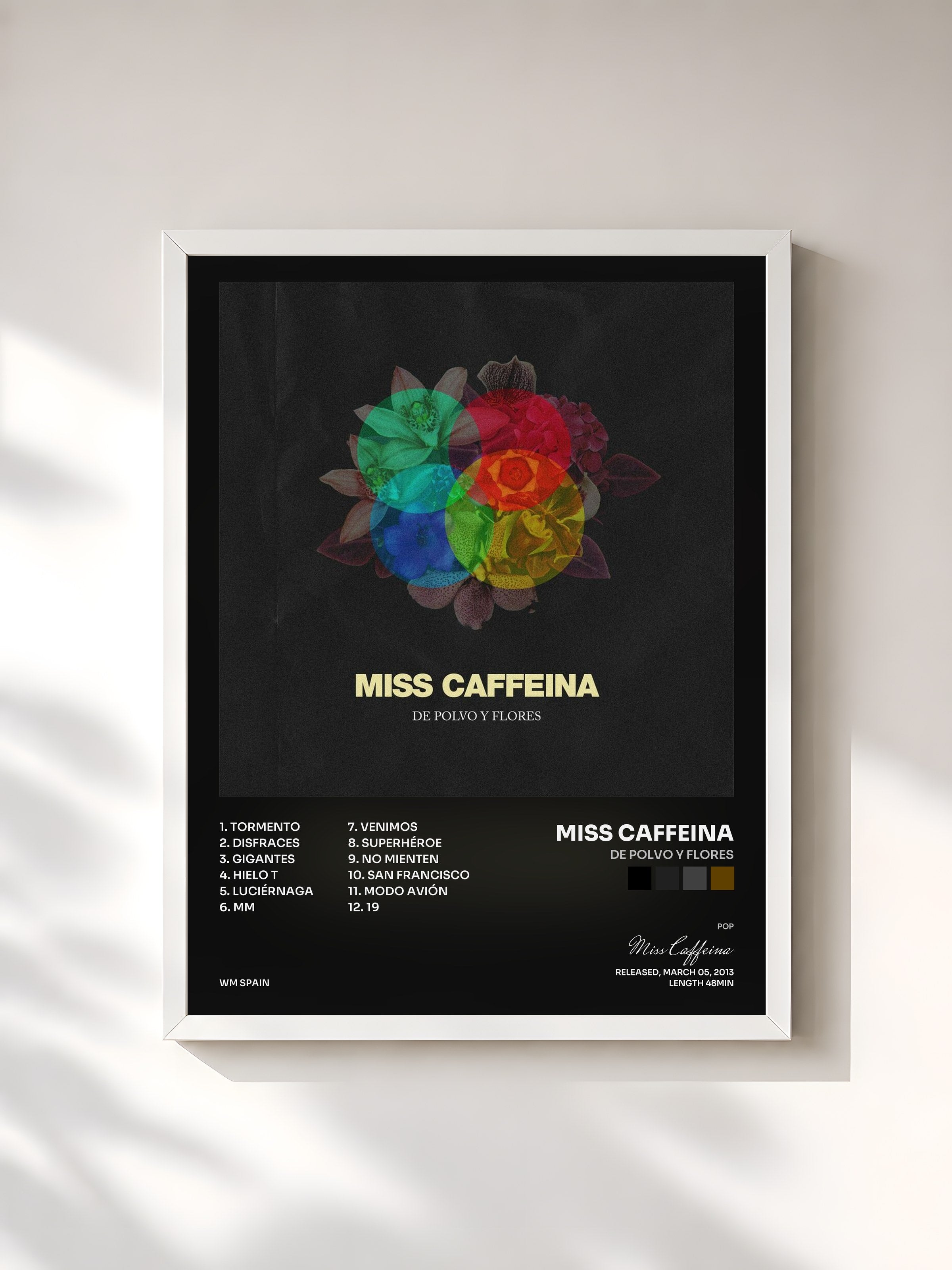 #blanc Tableau de l'album De polvo y flores de Miss Caffeina, cadre blanc, imprimé et encadré en France