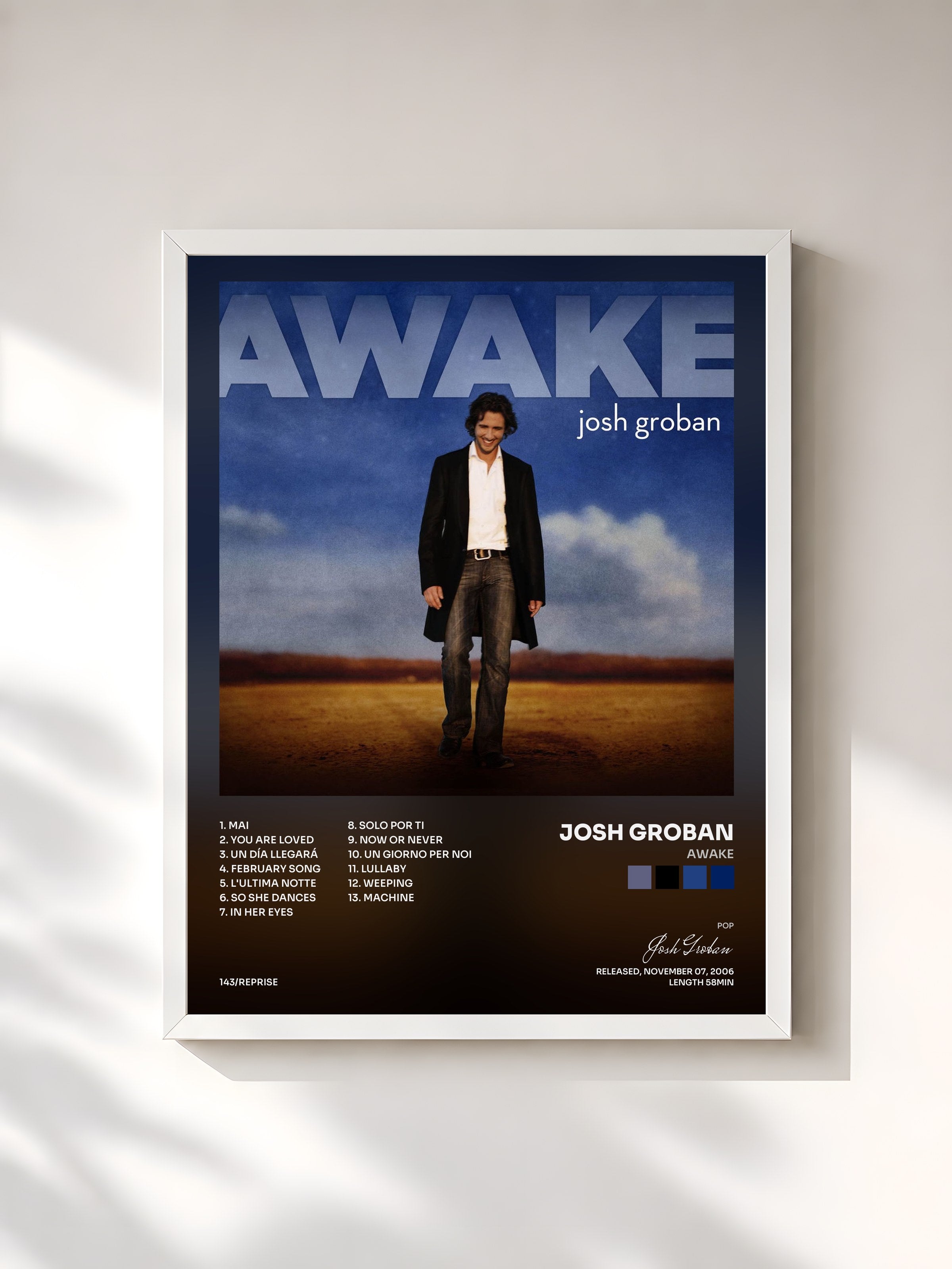 #blanc Tableau de l'album Awake de Josh Groban, cadre blanc, imprimé et encadré en France