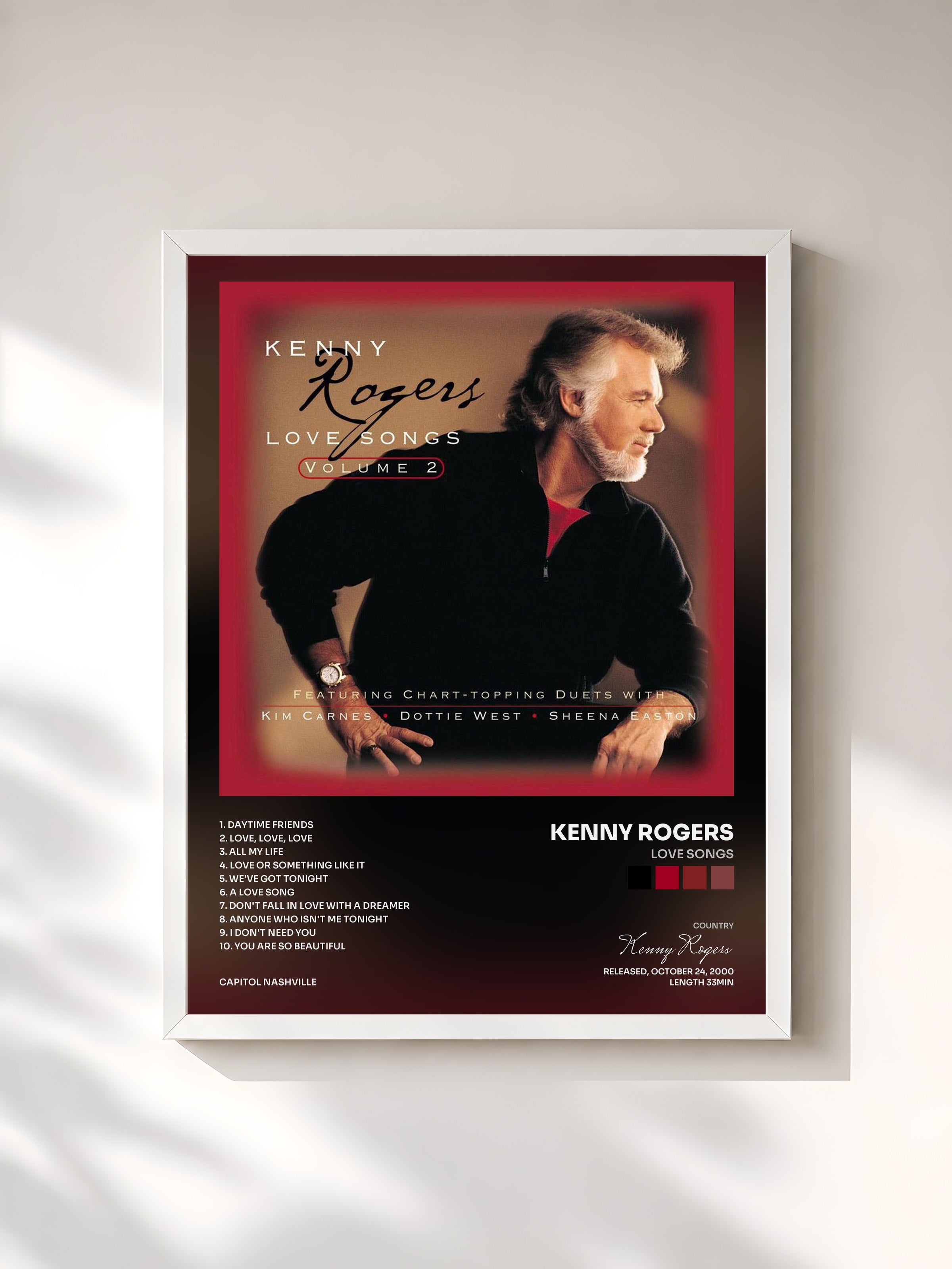 #blanc Tableau de l'album Love Songs de Kenny Rogers, cadre blanc, imprimé et encadré en France