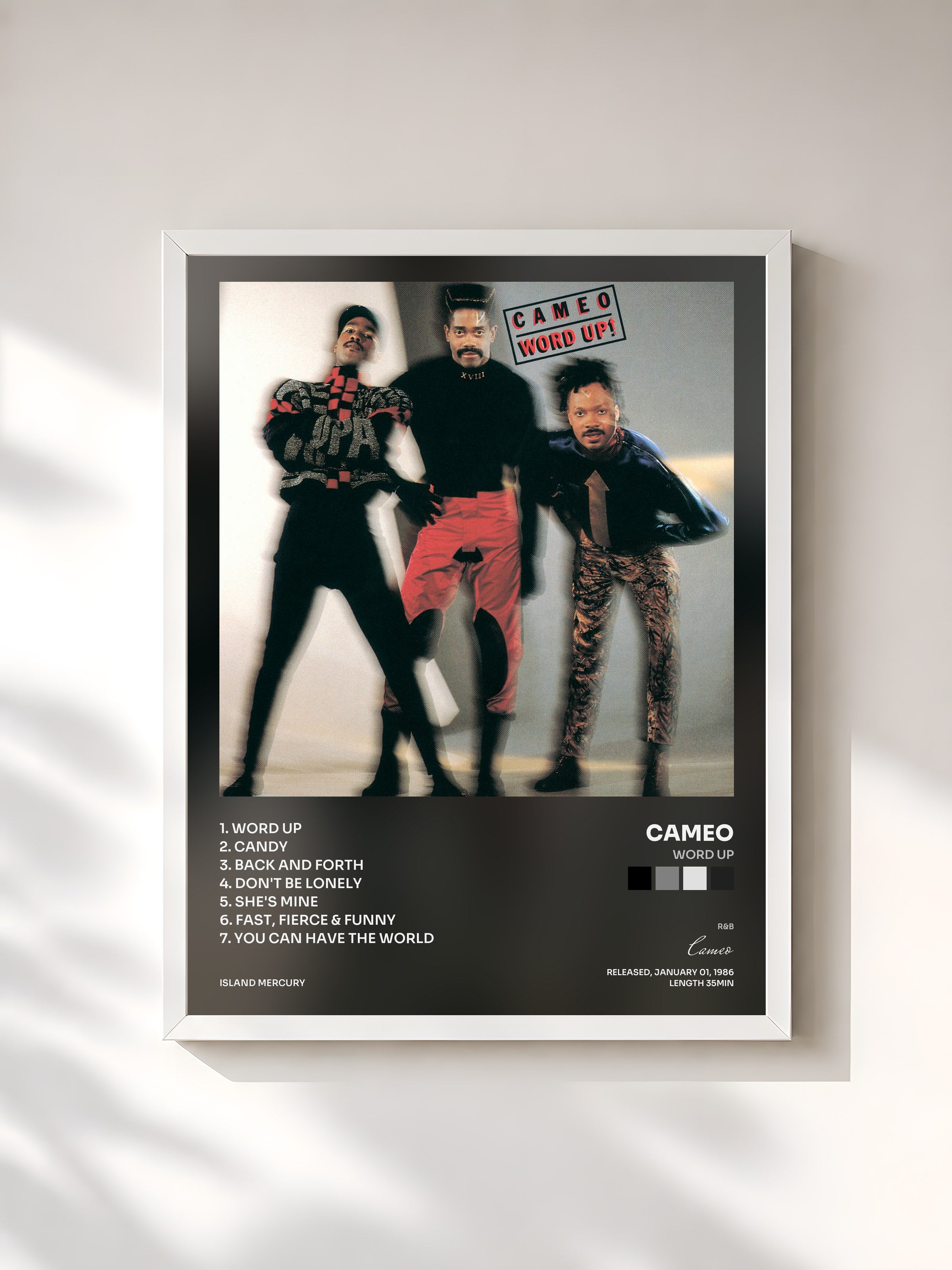 #blanc Tableau de l'album Word Up de Cameo, cadre blanc, imprimé et encadré en France