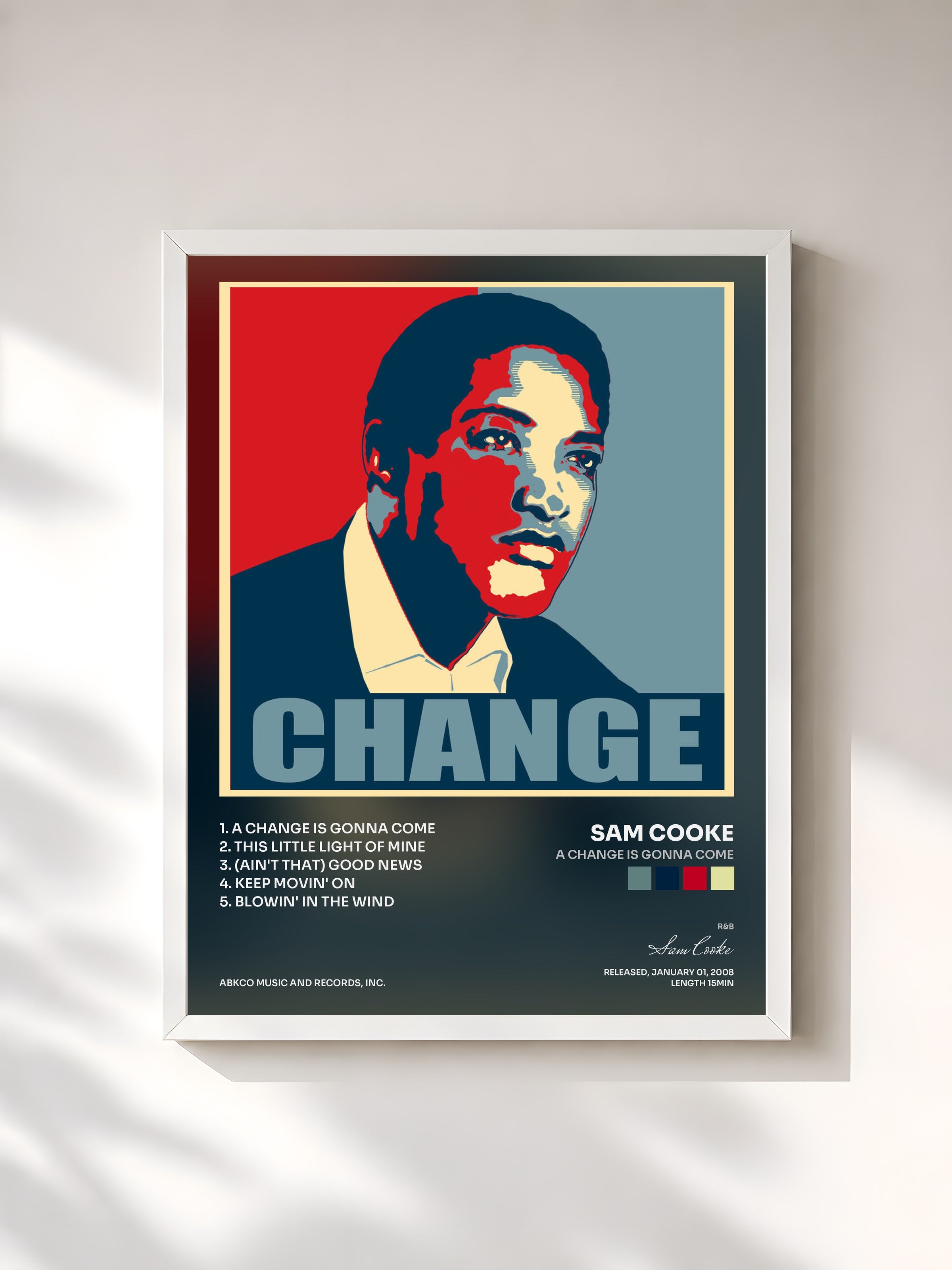 #blanc Tableau de l'album A Change Is Gonna Come de Sam Cooke, cadre blanc, imprimé et encadré en France