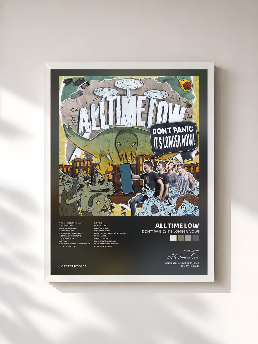 #blanc Tableau de l'album Don't Panic: It's Longer Now! de All Time Low, cadre blanc, imprimé et encadré en France