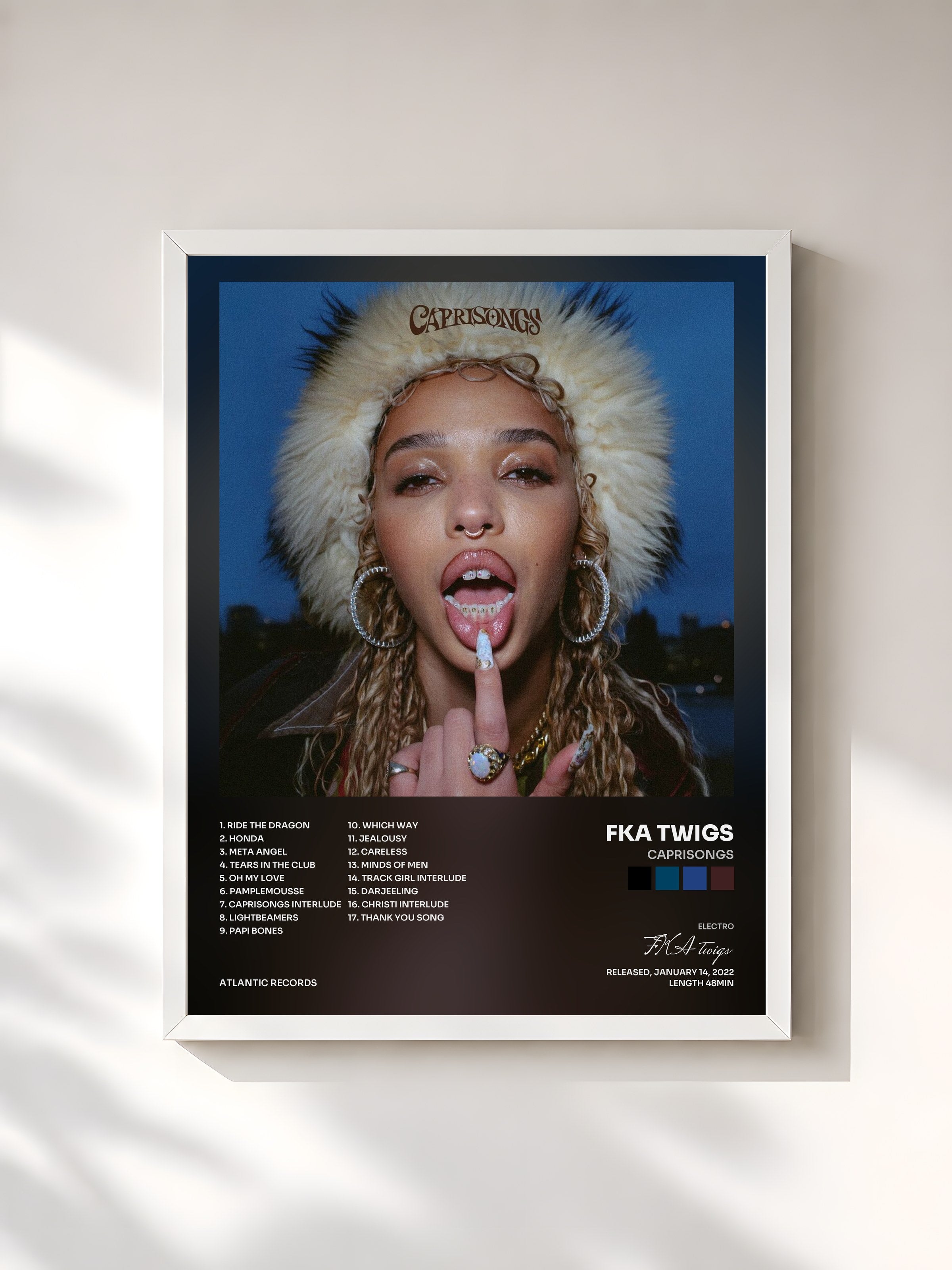 #blanc Tableau de l'album CAPRISONGS de FKA twigs, cadre blanc, imprimé et encadré en France