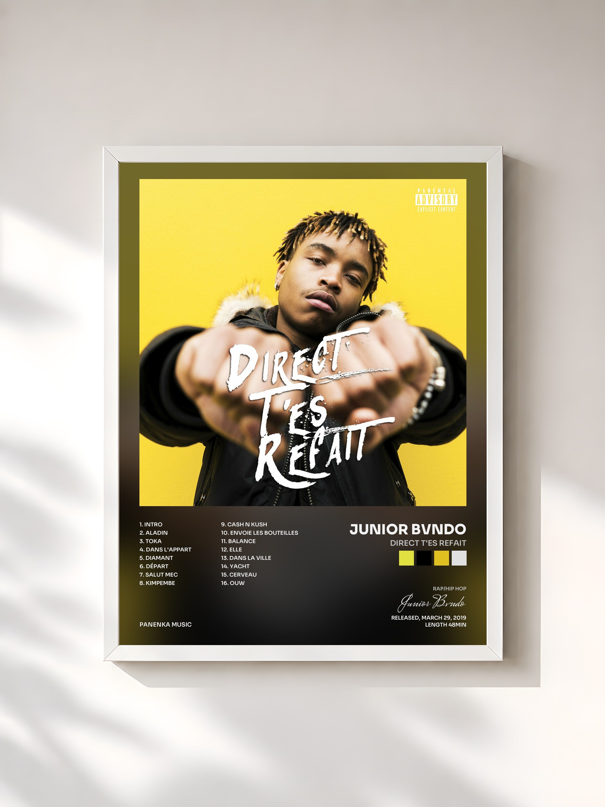 #blanc Tableau de l'album Direct T'es Refait de Junior Bvndo, cadre blanc, imprimé et encadré en France
