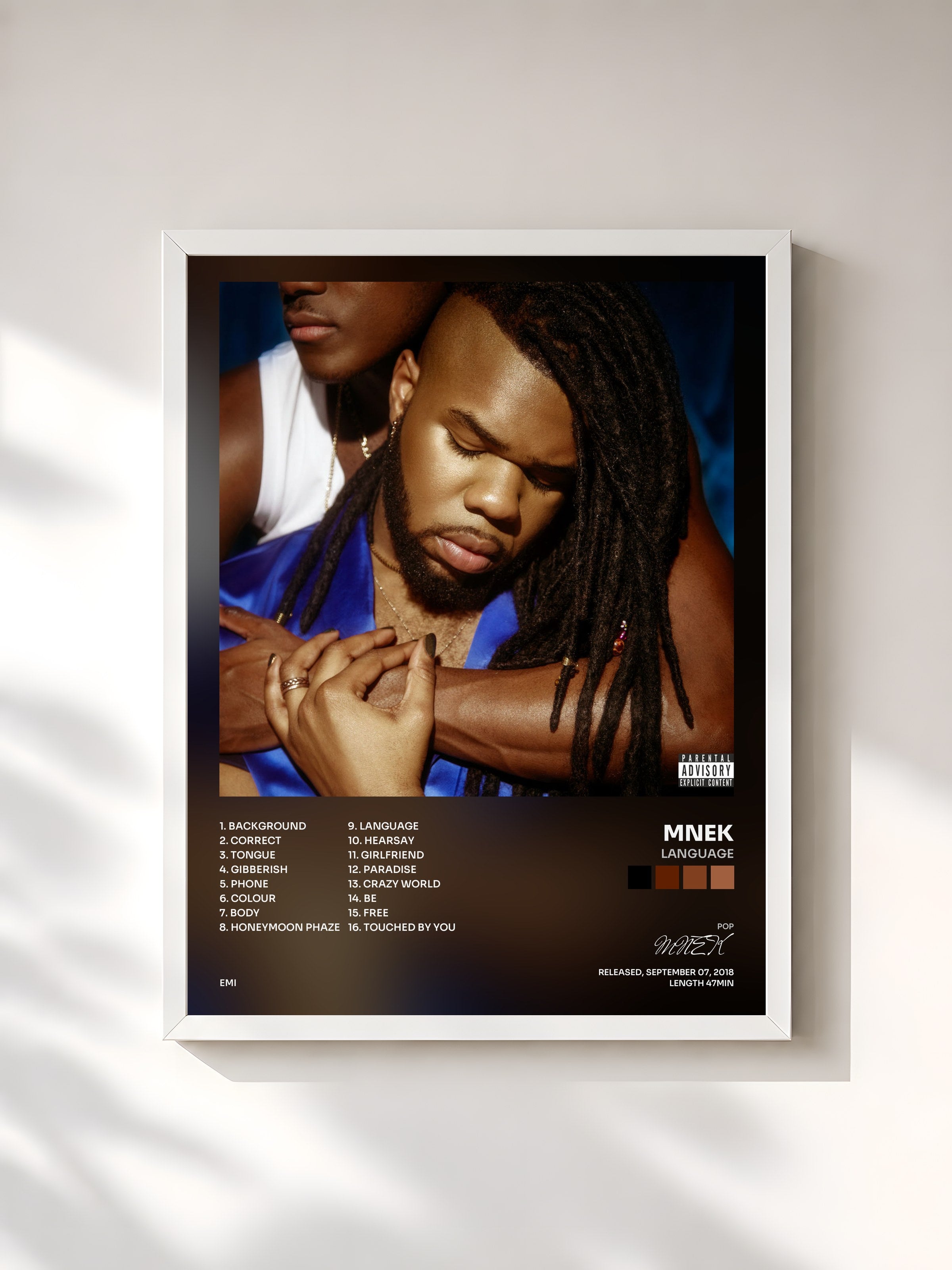 #blanc Tableau de l'album Language de MNEK, cadre blanc, imprimé et encadré en France