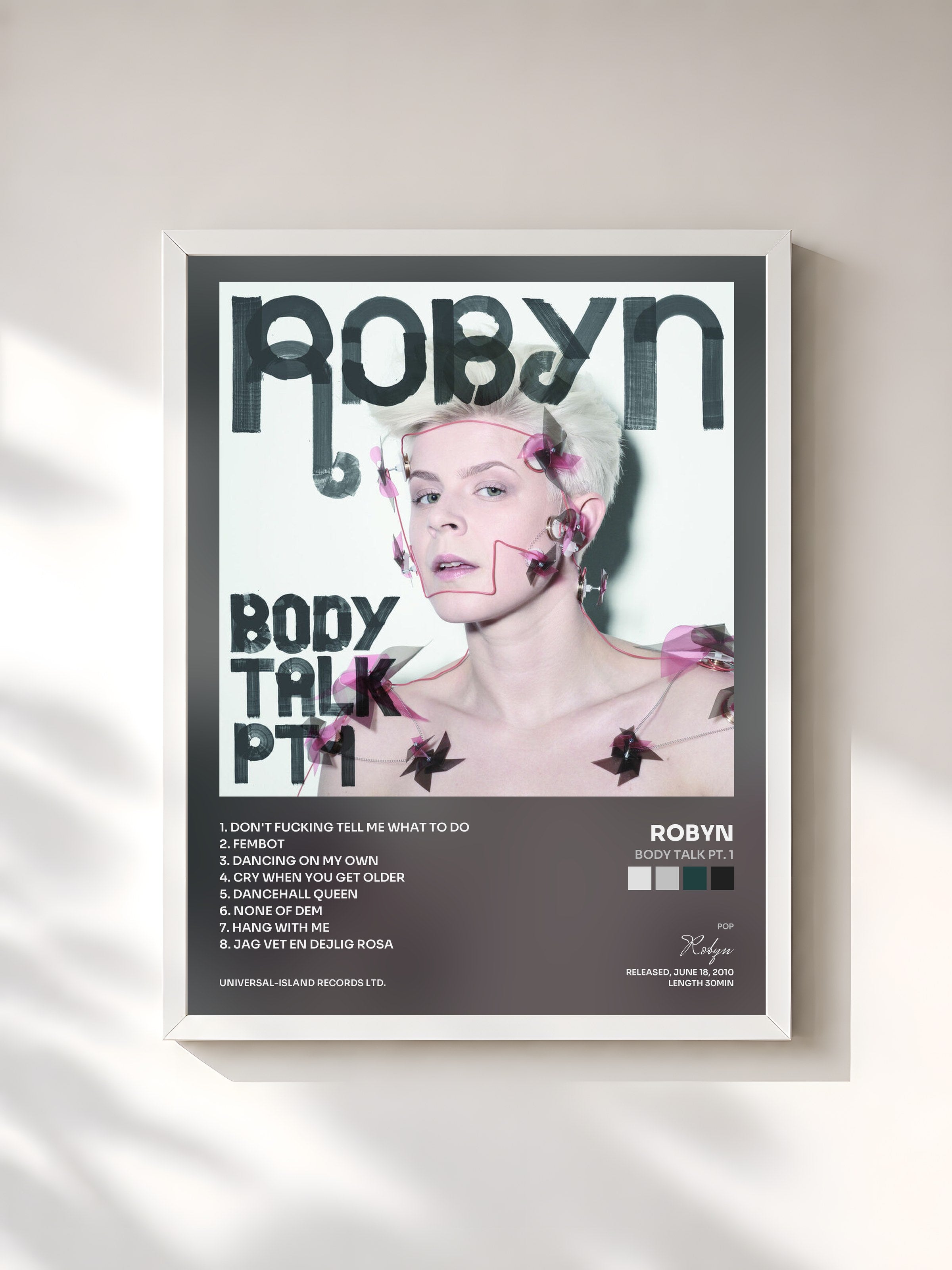 #blanc Tableau de l'album Body Talk Pt. 1 de Robyn, cadre blanc, imprimé et encadré en France