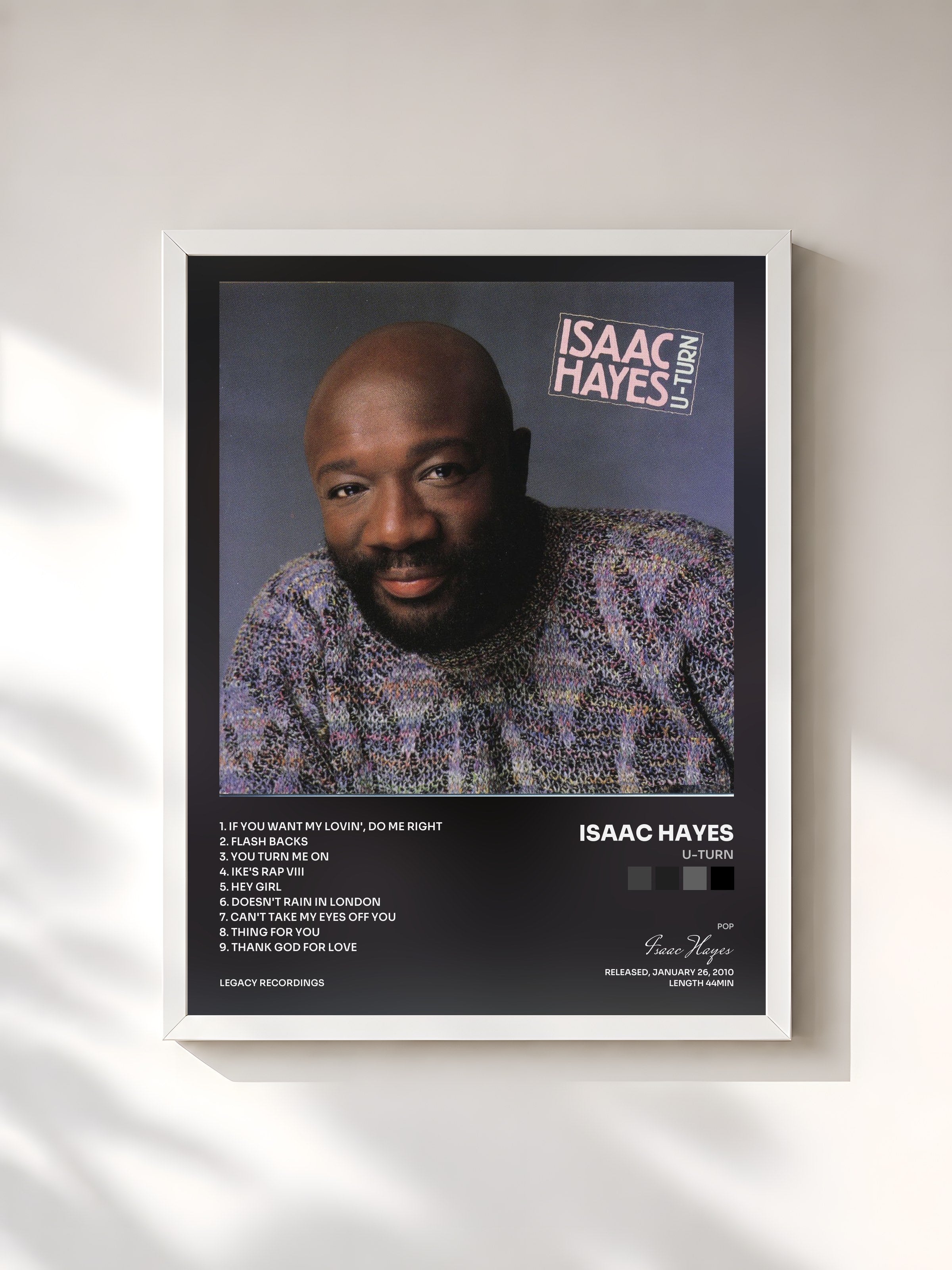 #blanc Tableau de l'album U-Turn de Isaac Hayes, cadre blanc, imprimé et encadré en France