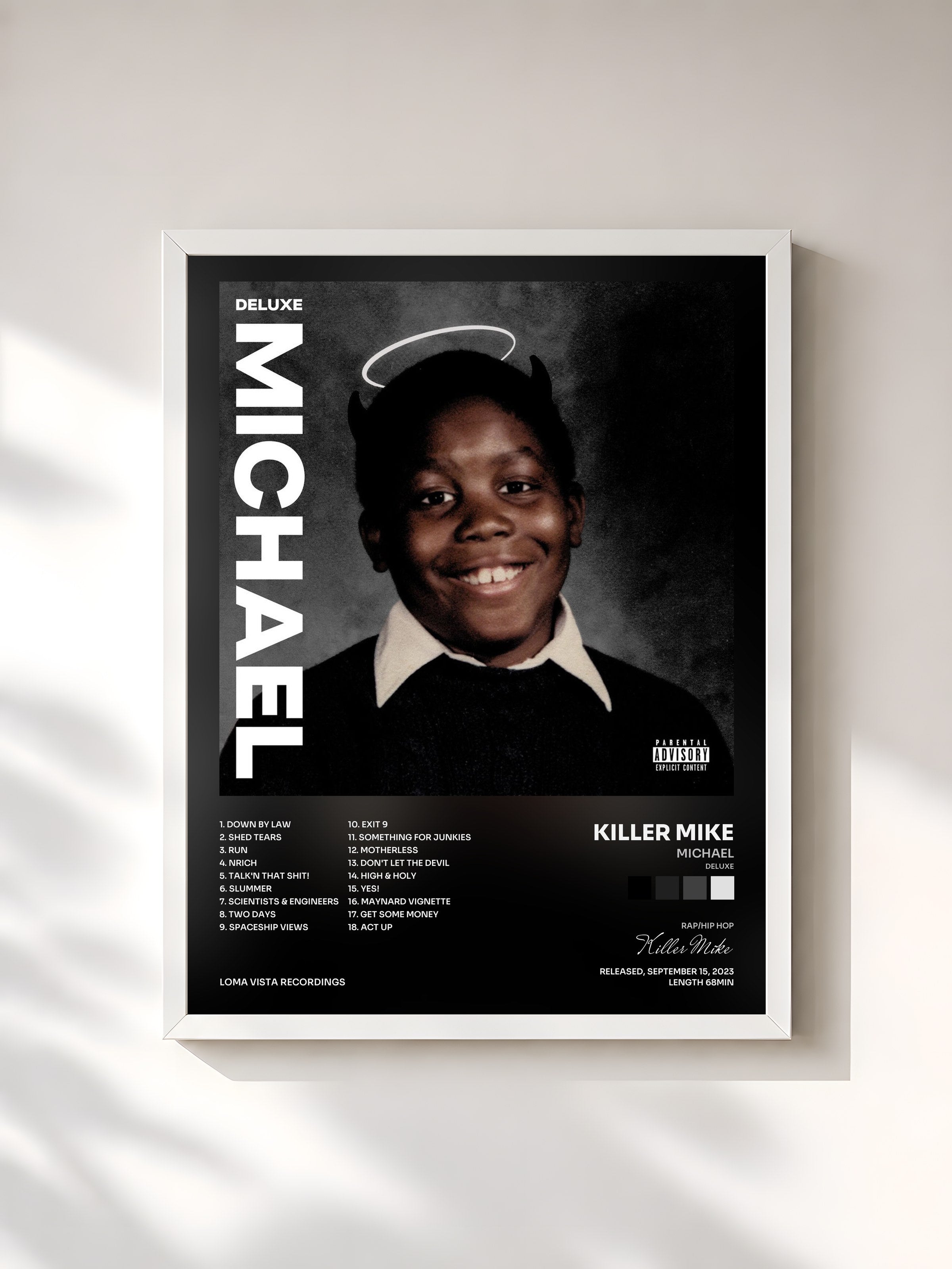 #blanc Tableau de l'album MICHAEL (Deluxe) de Killer Mike, cadre blanc, imprimé et encadré en France