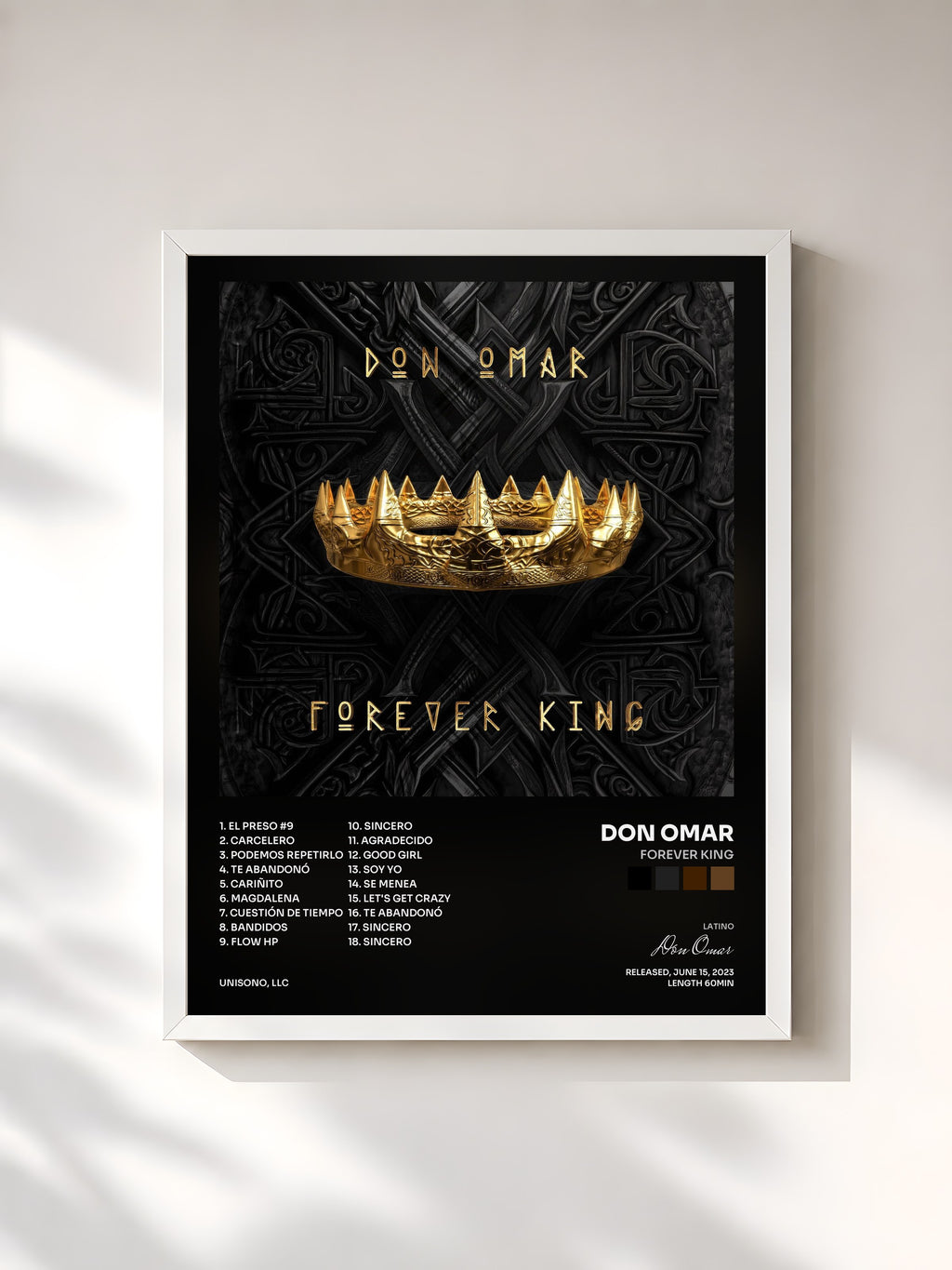 #blanc Tableau de l'album FOREVER KING de Don Omar, cadre blanc, imprimé et encadré en France