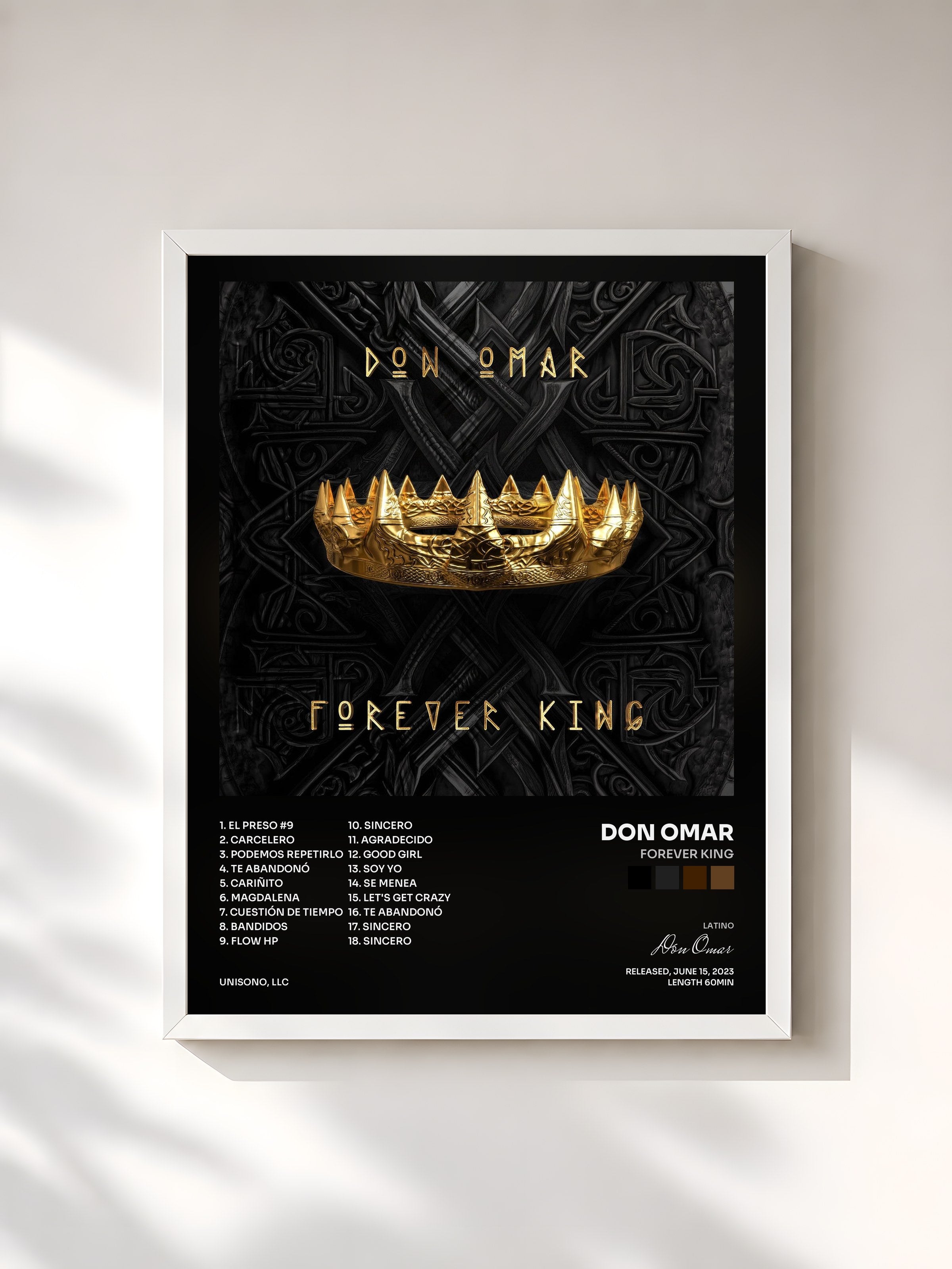 #blanc Tableau de l'album FOREVER KING de Don Omar, cadre blanc, imprimé et encadré en France