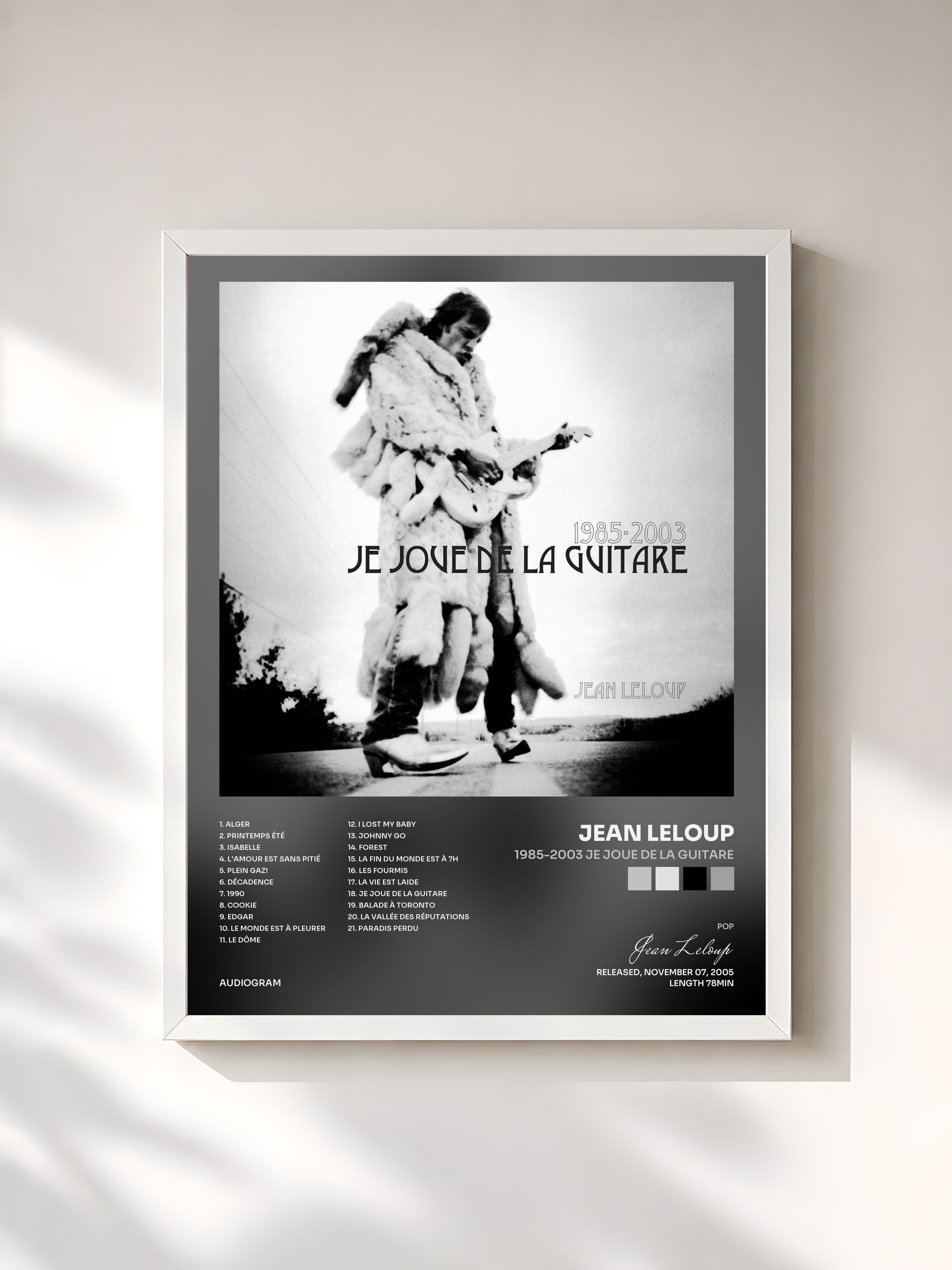 #blanc Tableau de l'album 1985-2003 Je joue de la guitare de Jean Leloup, cadre blanc, imprimé et encadré en France