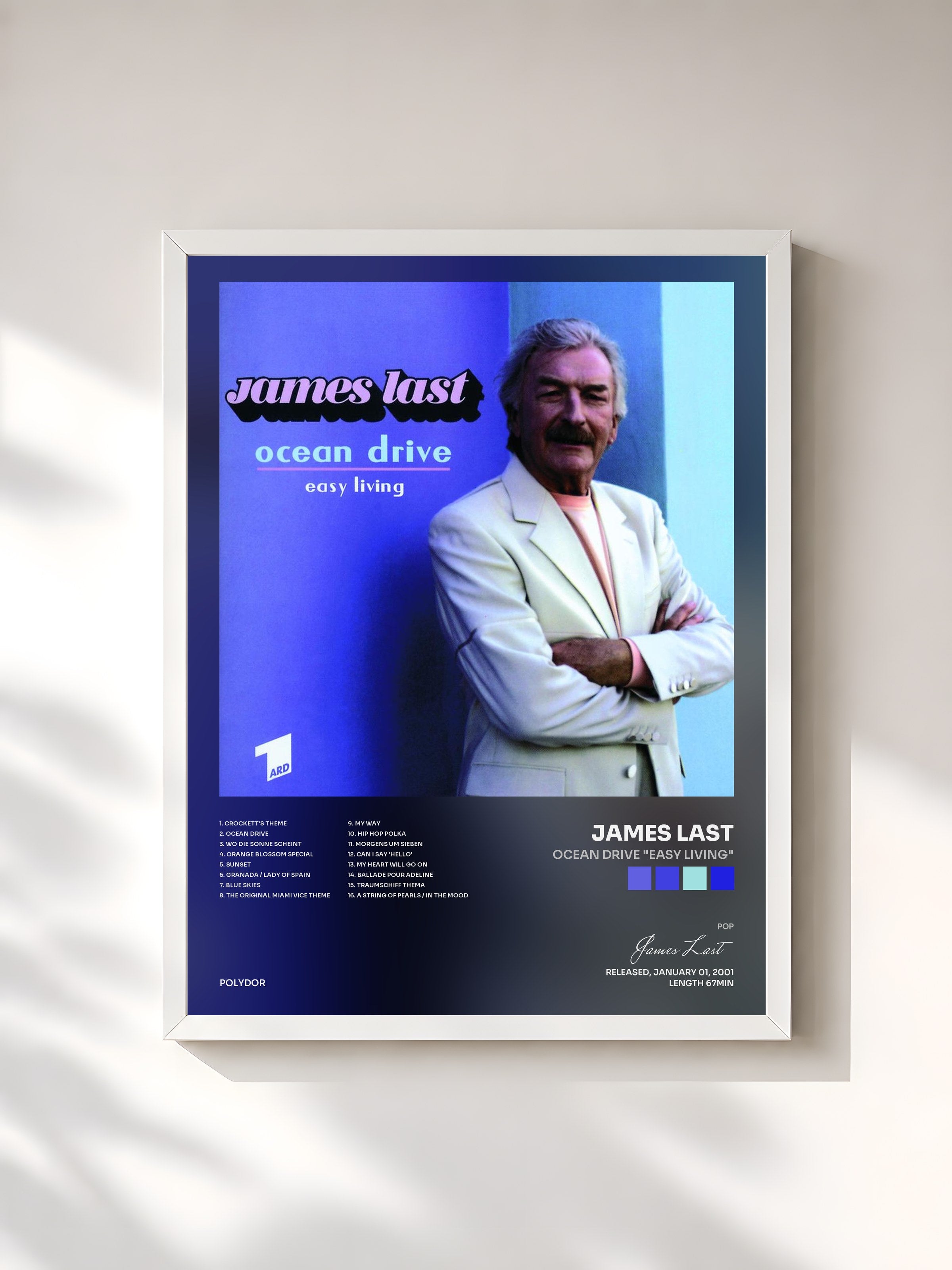 #blanc Tableau de l'album Ocean Drive "Easy Living" de James Last, cadre blanc, imprimé et encadré en France
