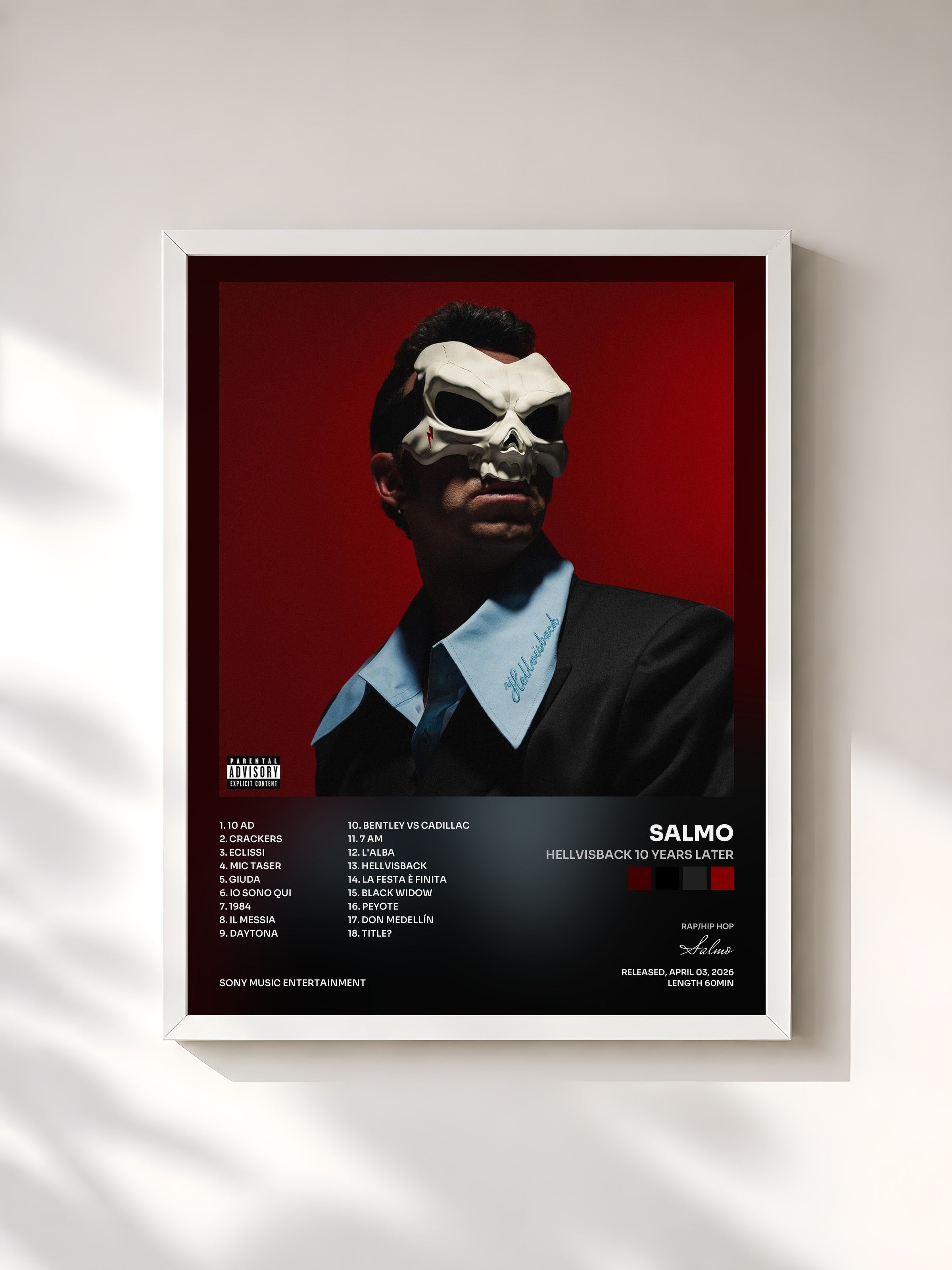 #blanc Tableau de l'album Hellvisback 10 Years Later de Salmo, cadre blanc, imprimé et encadré en France