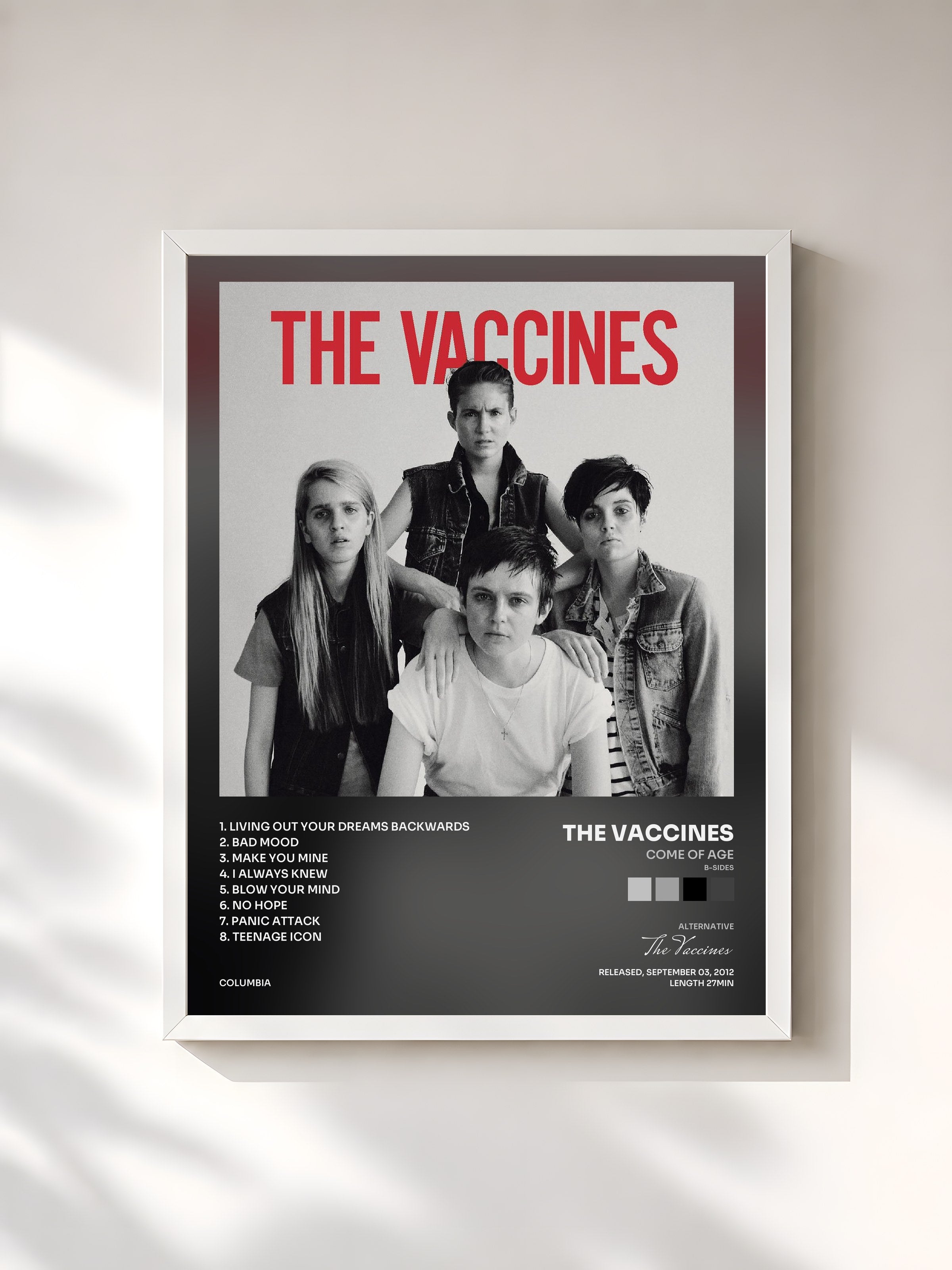 #blanc Tableau de l'album Come Of Age (B-Sides) de The Vaccines, cadre blanc, imprimé et encadré en France
