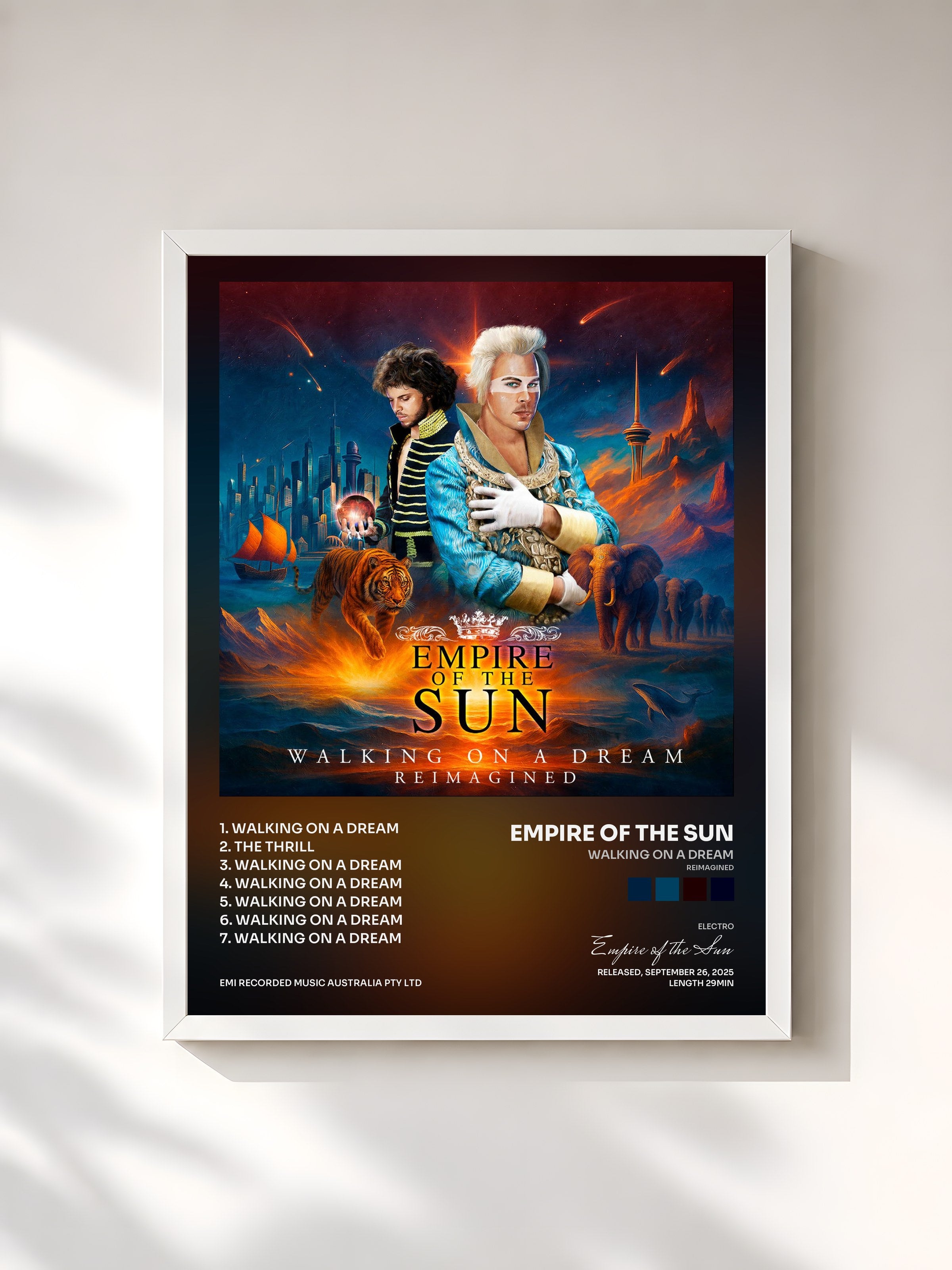 #blanc Tableau de l'album Walking On A Dream (Reimagined) de Empire of the Sun, cadre blanc, imprimé et encadré en France