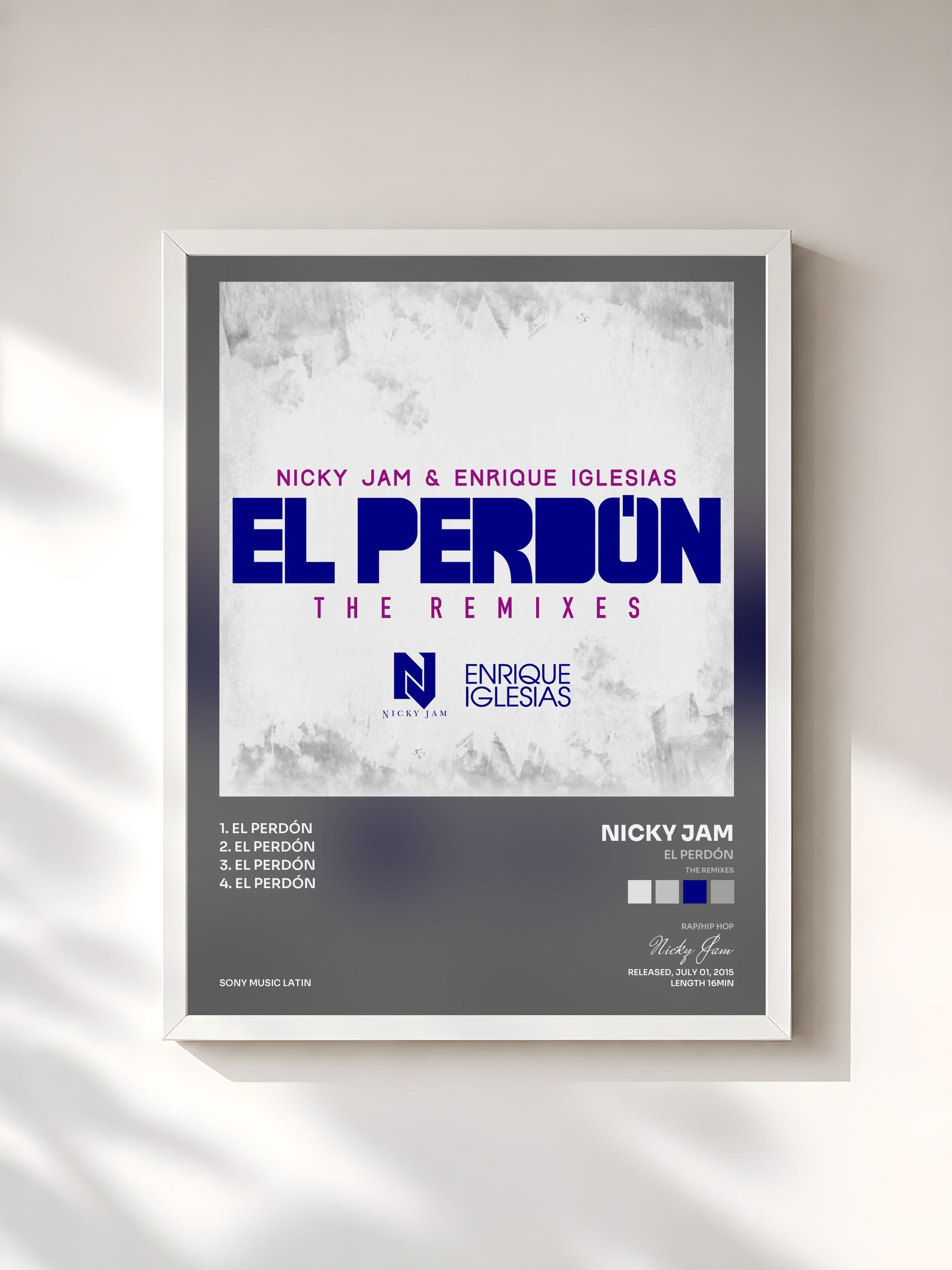 #blanc Tableau de l'album El Perdón (The Remixes) de Nicky Jam, cadre blanc, imprimé et encadré en France