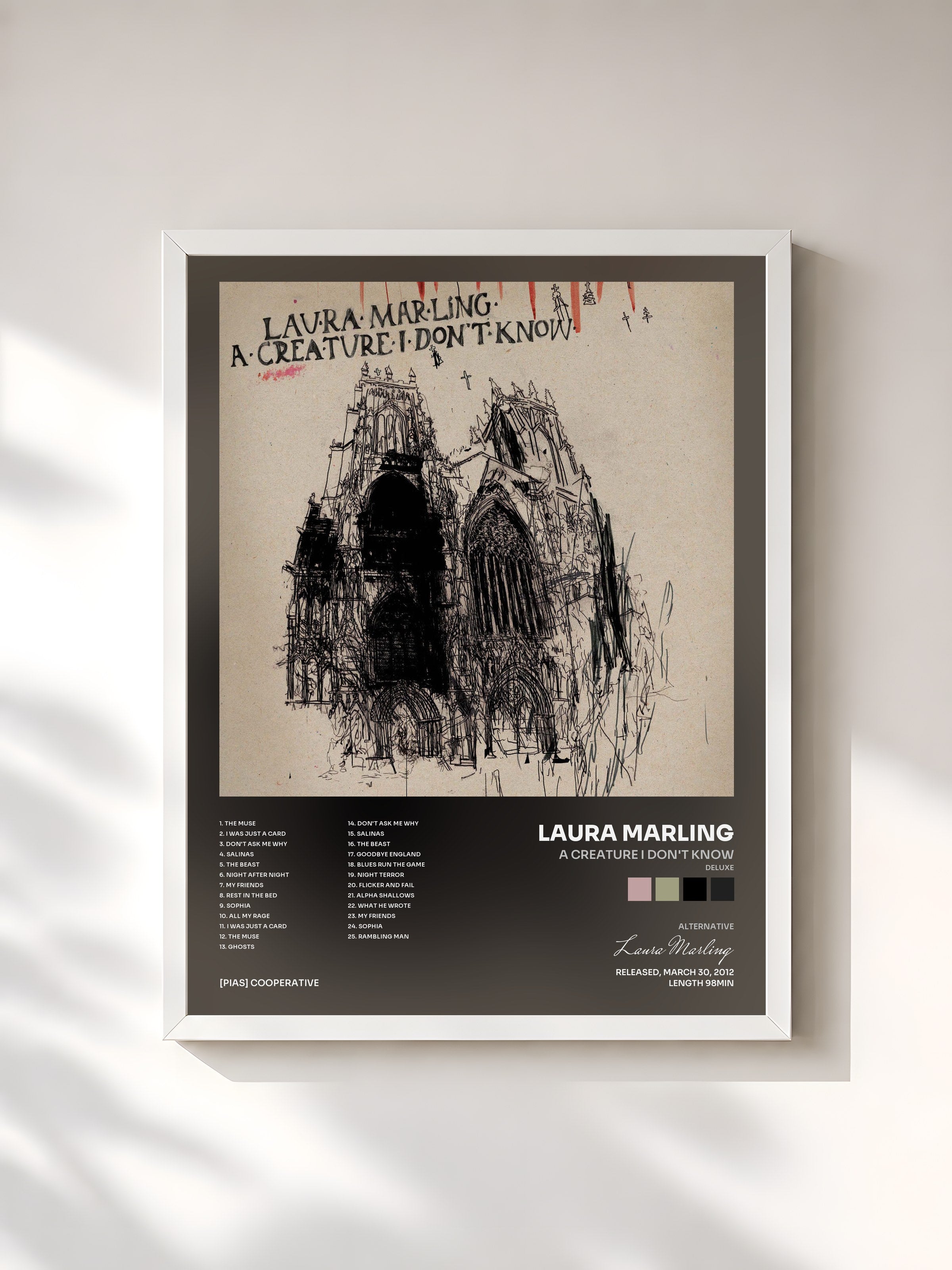 #blanc Tableau de l'album A Creature I Don't Know (Deluxe) de Laura Marling, cadre blanc, imprimé et encadré en France