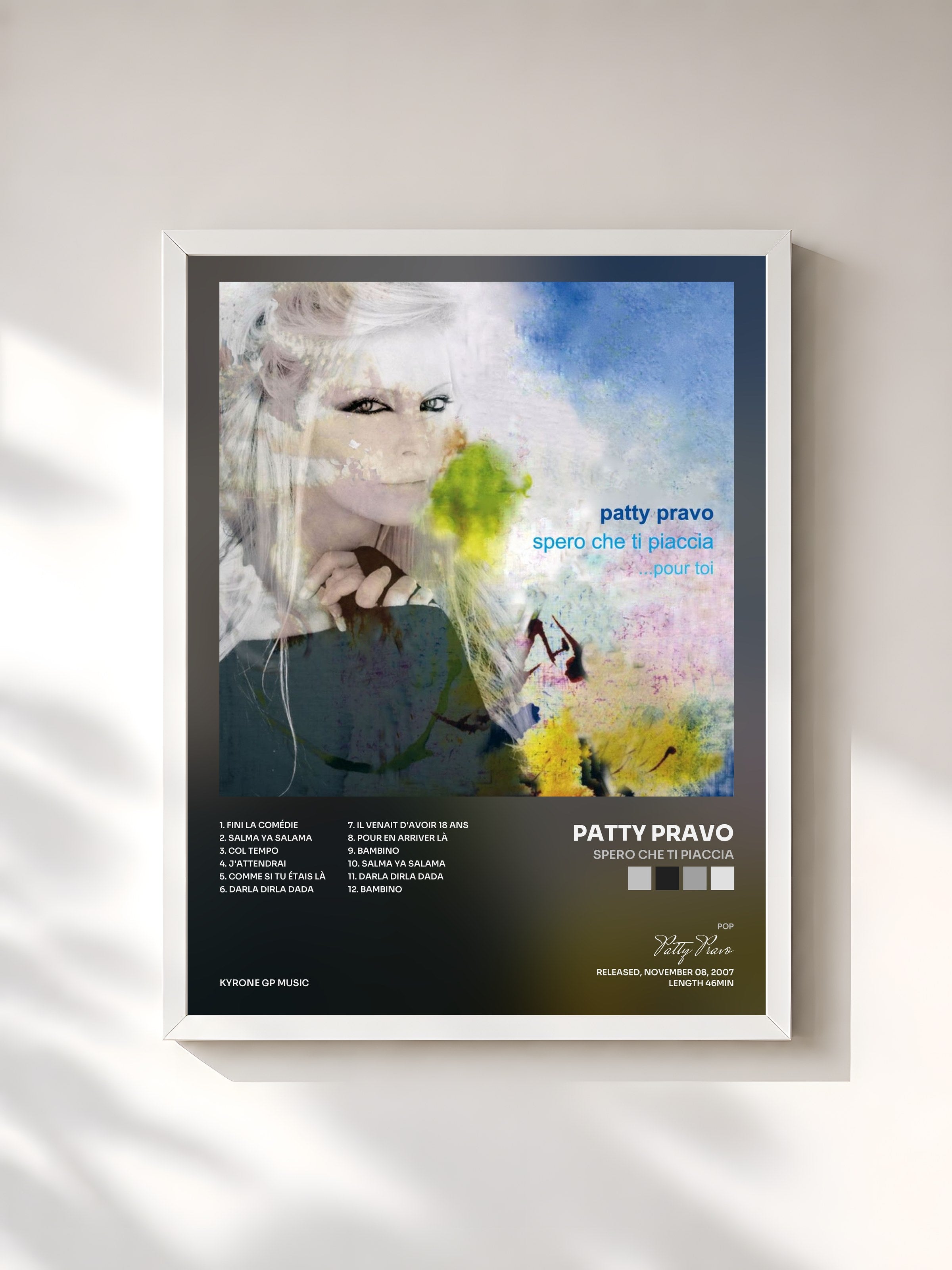 #blanc Tableau de l'album Spero che ti piaccia de Patty Pravo, cadre blanc, imprimé et encadré en France