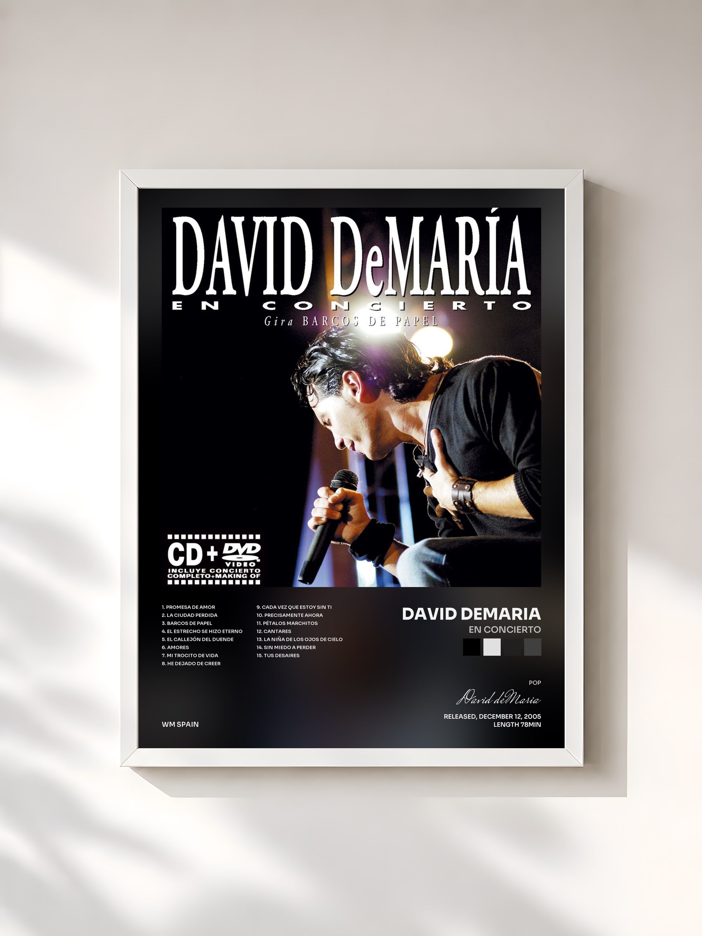 #blanc Tableau de l'album En concierto de David deMaria, cadre blanc, imprimé et encadré en France