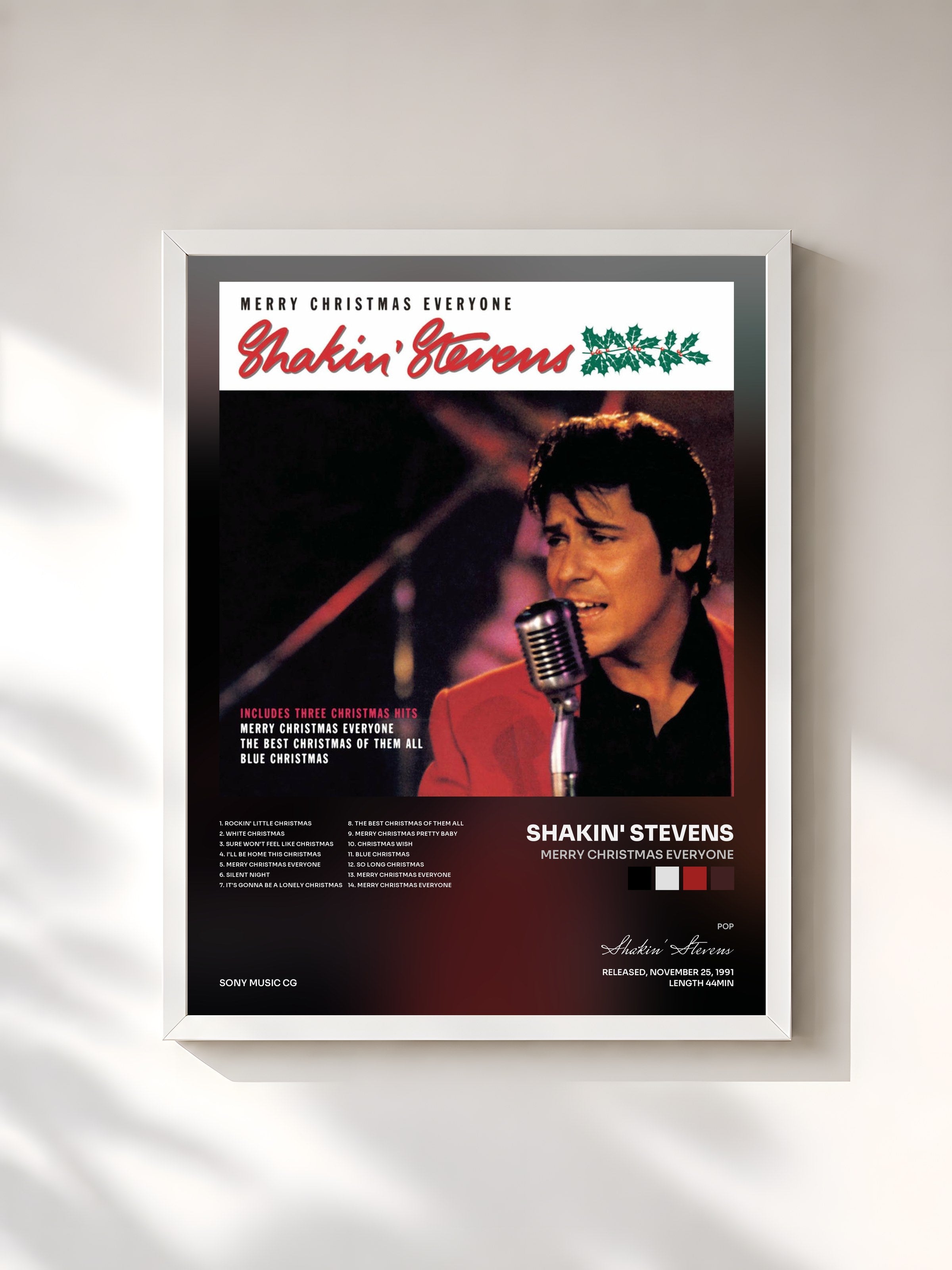 #blanc Tableau de l'album Merry Christmas Everyone de Shakin' Stevens, cadre blanc, imprimé et encadré en France