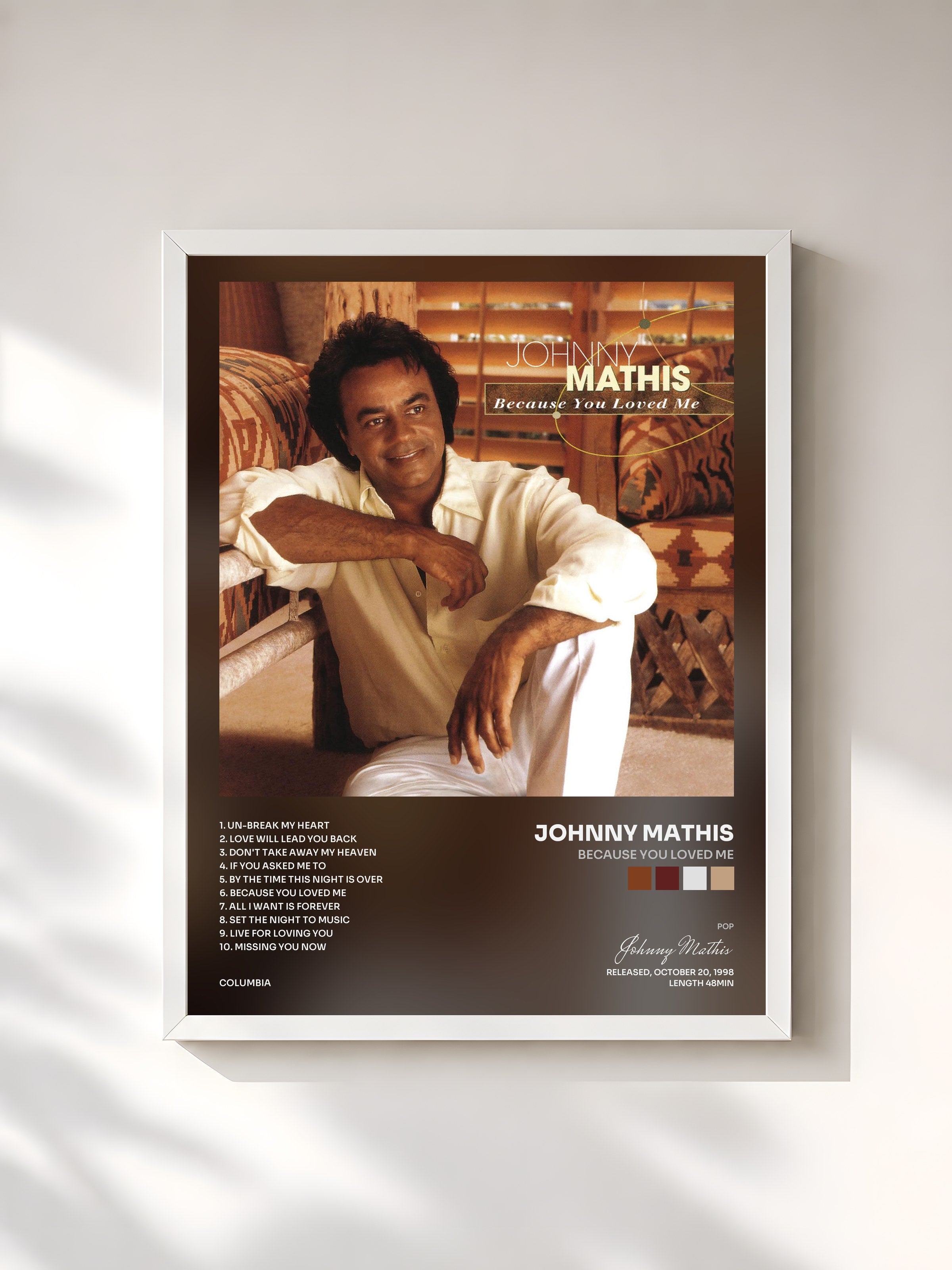 #blanc Tableau de l'album Because You Loved Me de Johnny Mathis, cadre blanc, imprimé et encadré en France