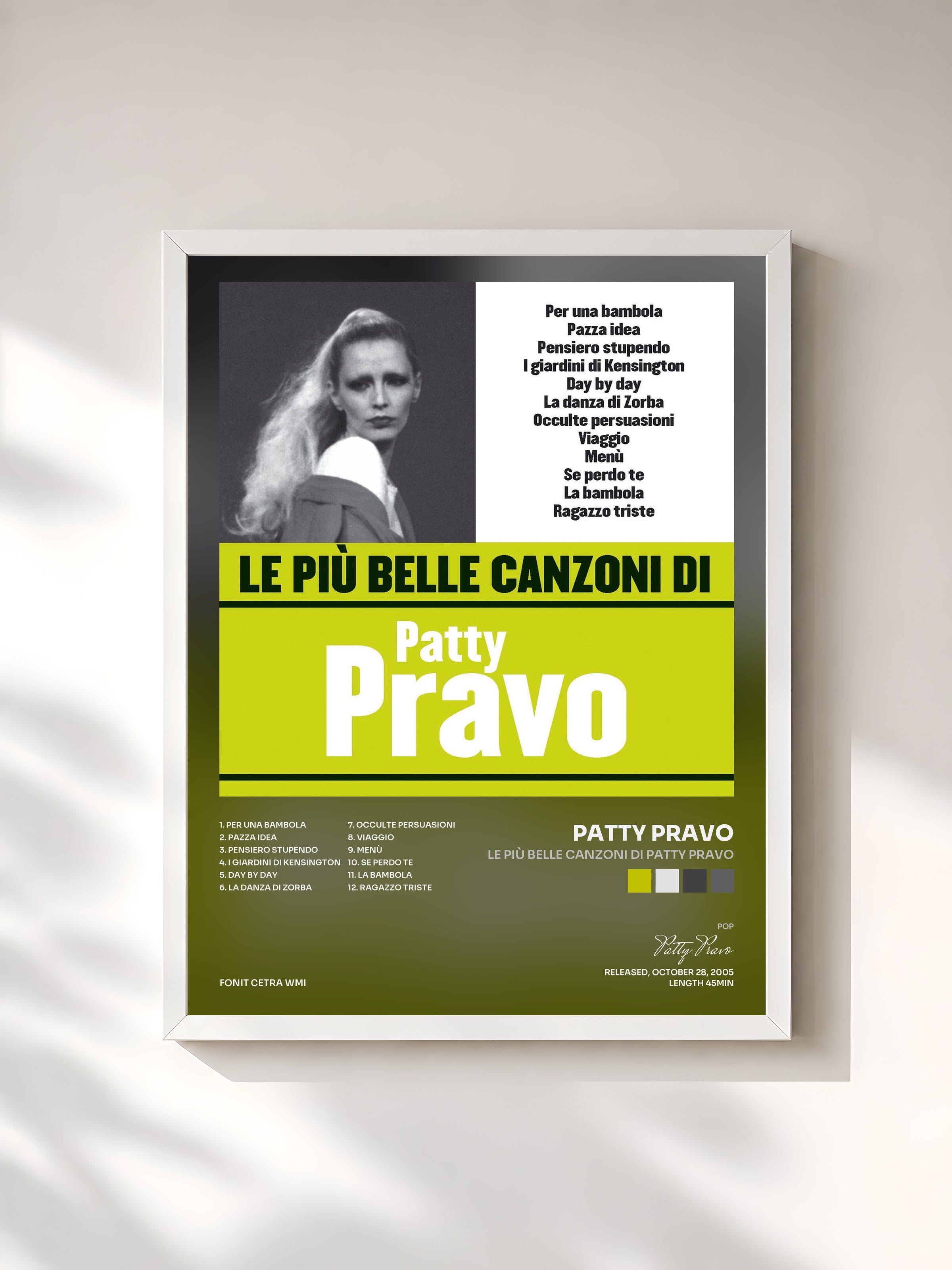 #blanc Tableau de l'album Le più belle canzoni di Patty Pravo de Patty Pravo, cadre blanc, imprimé et encadré en France