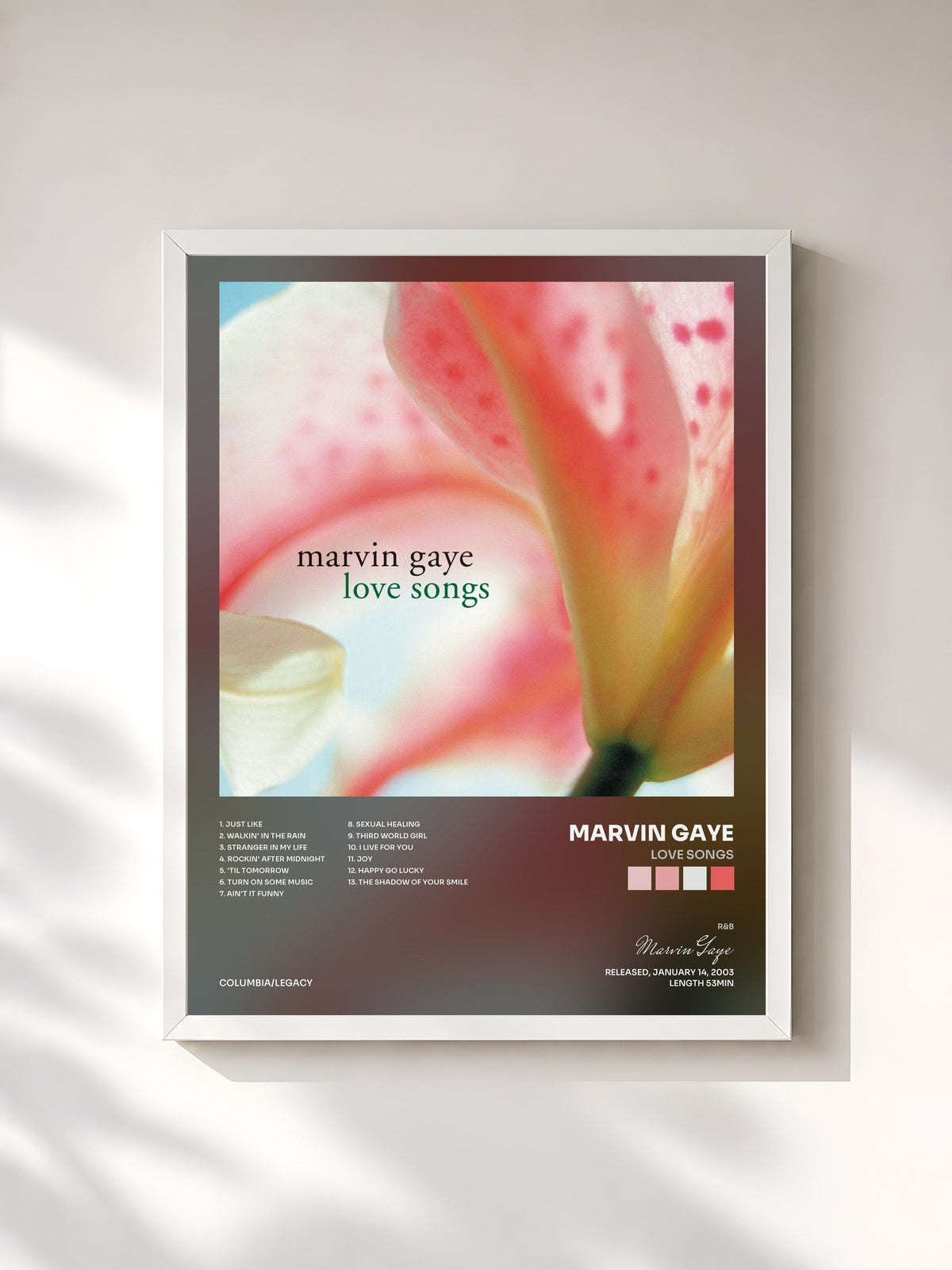 #blanc Tableau de l'album Love Songs de Marvin Gaye, cadre blanc, imprimé et encadré en France