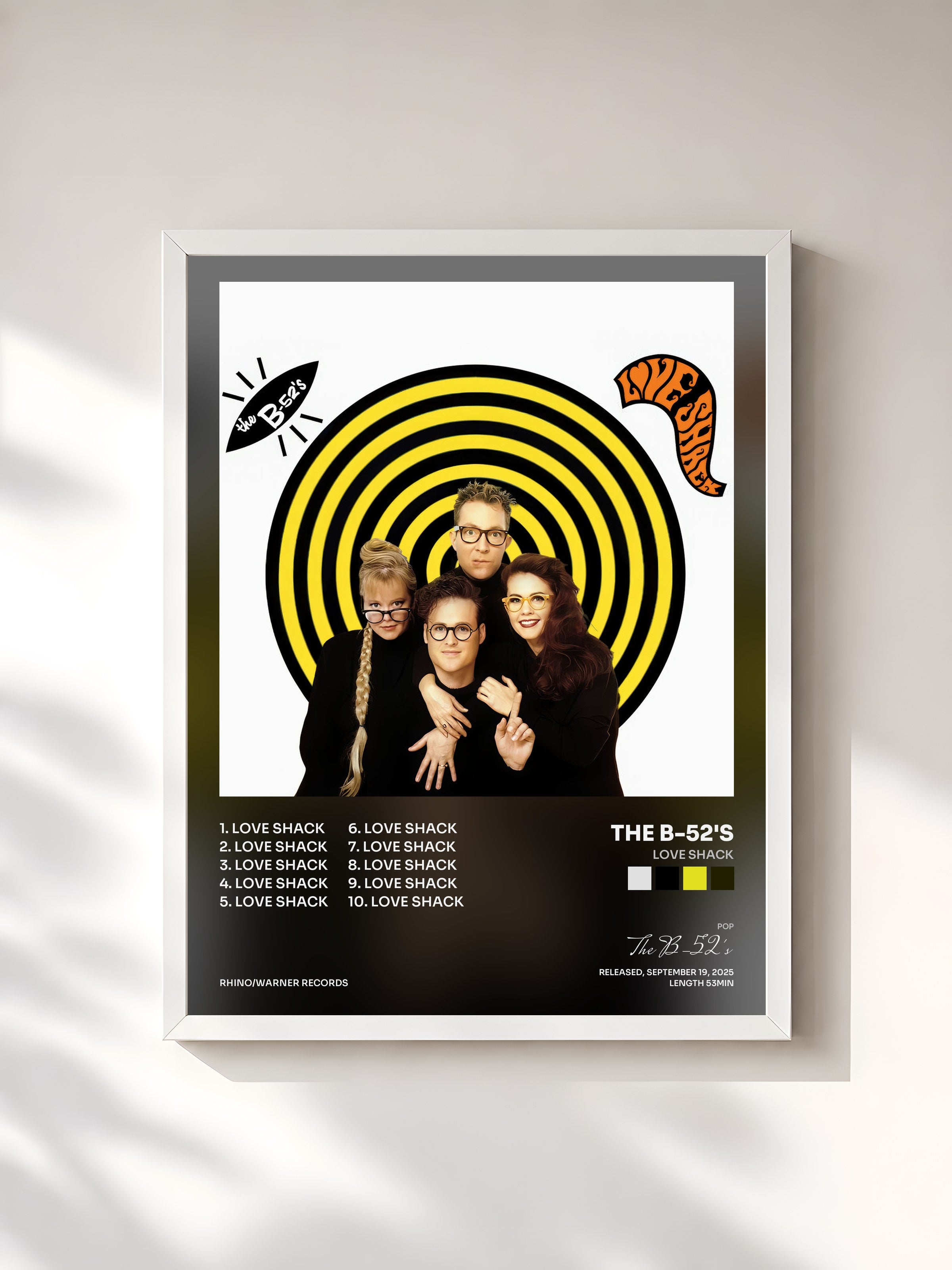 #blanc Tableau de l'album Love Shack de The B-52's, cadre blanc, imprimé et encadré en France