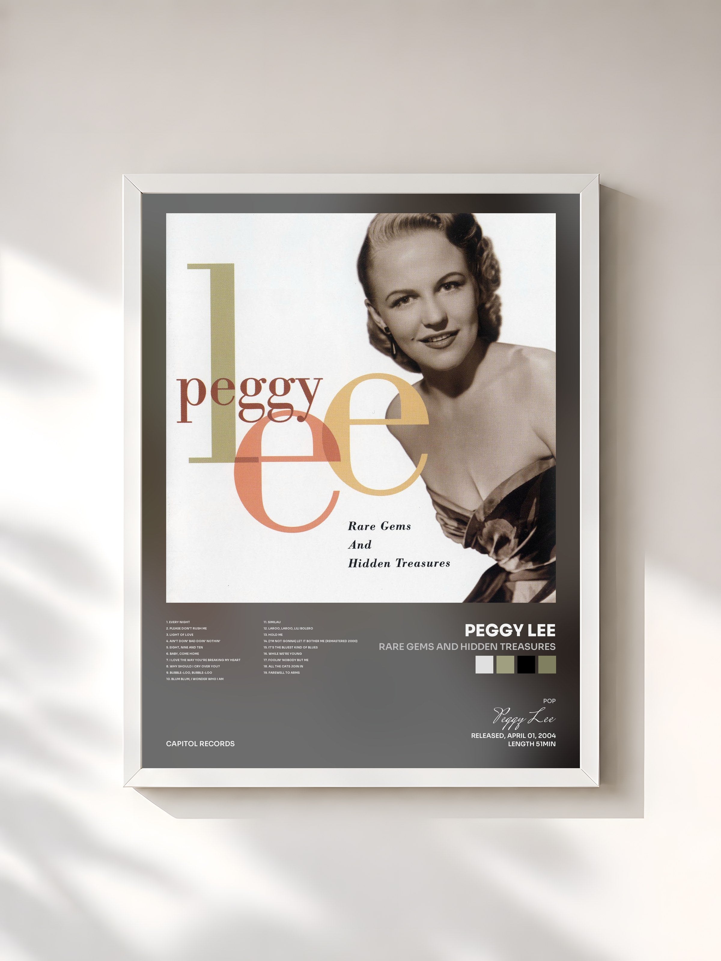 #blanc Tableau de l'album Rare Gems And Hidden Treasures de Peggy Lee, cadre blanc, imprimé et encadré en France