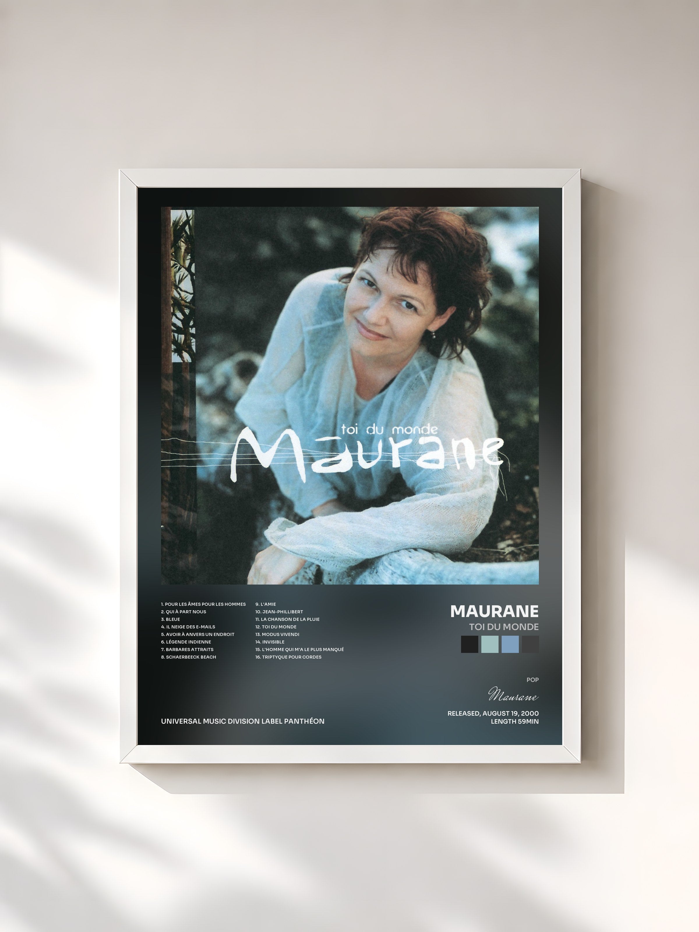 #blanc Tableau de l'album Toi Du Monde de Maurane, cadre blanc, imprimé et encadré en France