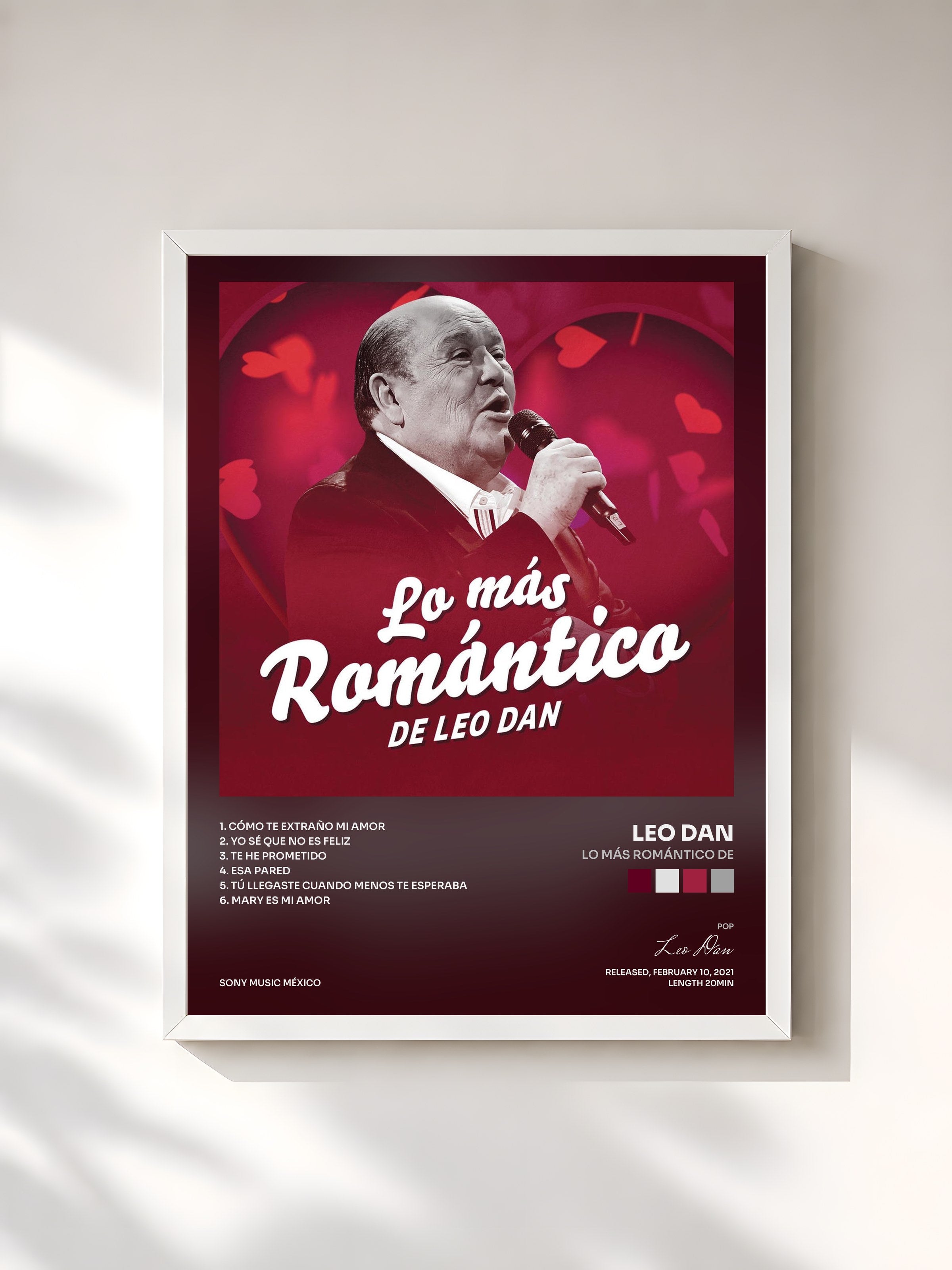 #blanc Tableau de l'album Lo Más Romántico de de Leo Dan, cadre blanc, imprimé et encadré en France