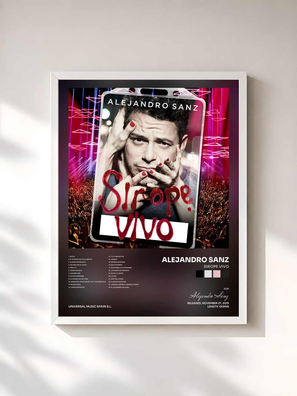 #blanc Tableau de l'album Sirope Vivo de Alejandro Sanz, cadre blanc, imprimé et encadré en France