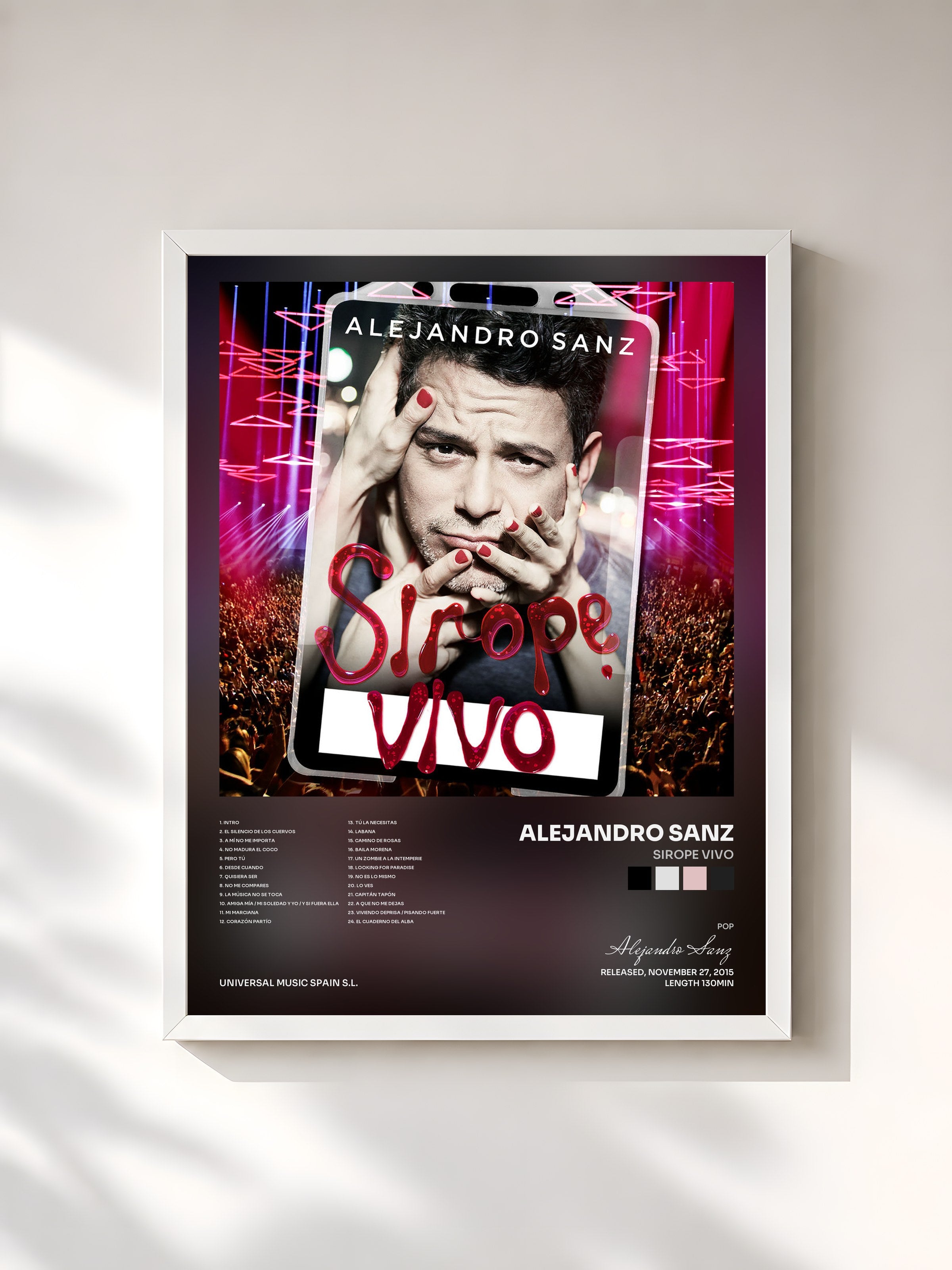 #blanc Tableau de l'album Sirope Vivo de Alejandro Sanz, cadre blanc, imprimé et encadré en France