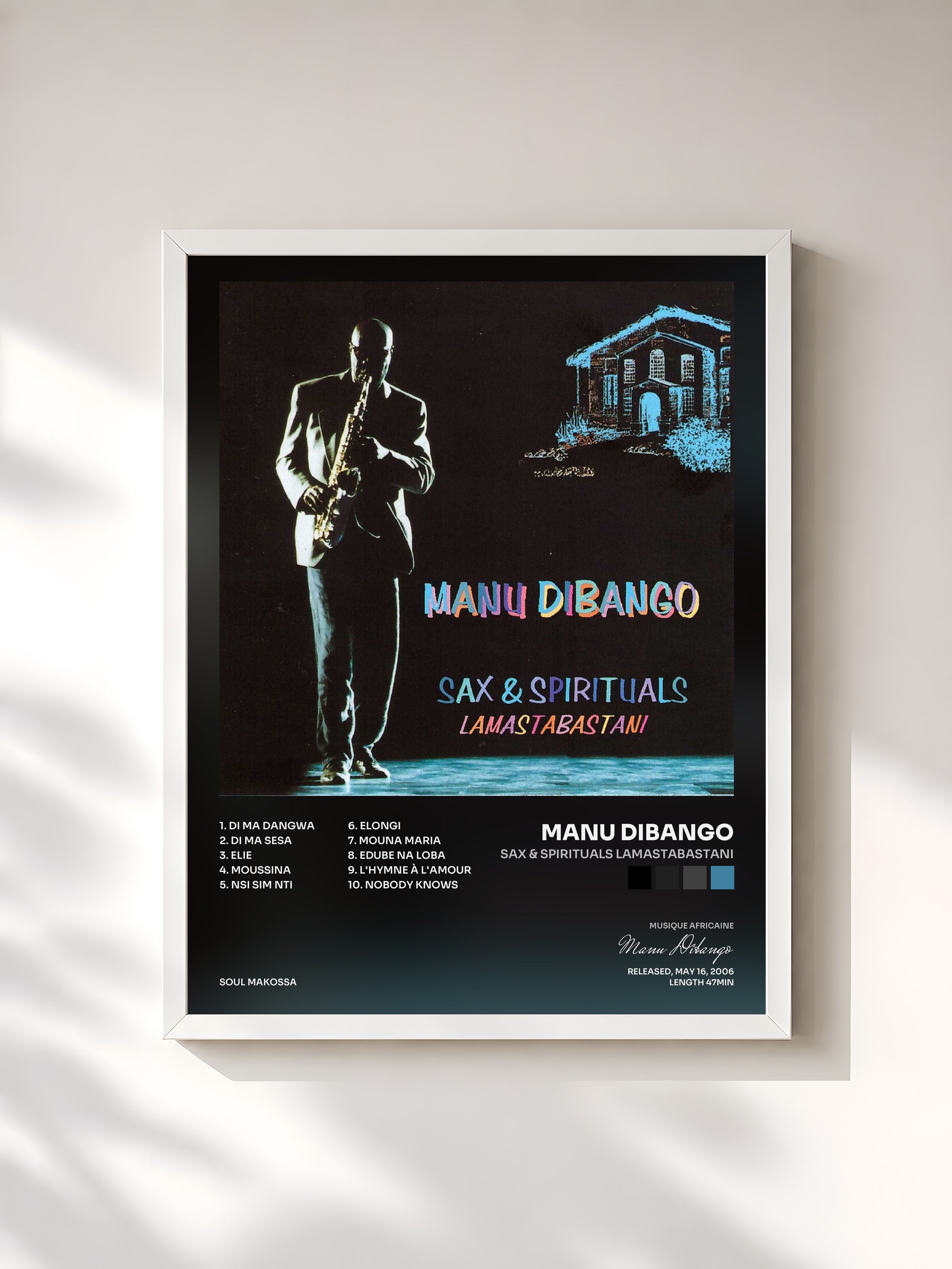 #blanc Tableau de l'album Sax & Spirituals Lamastabastani de Manu Dibango, cadre blanc, imprimé et encadré en France