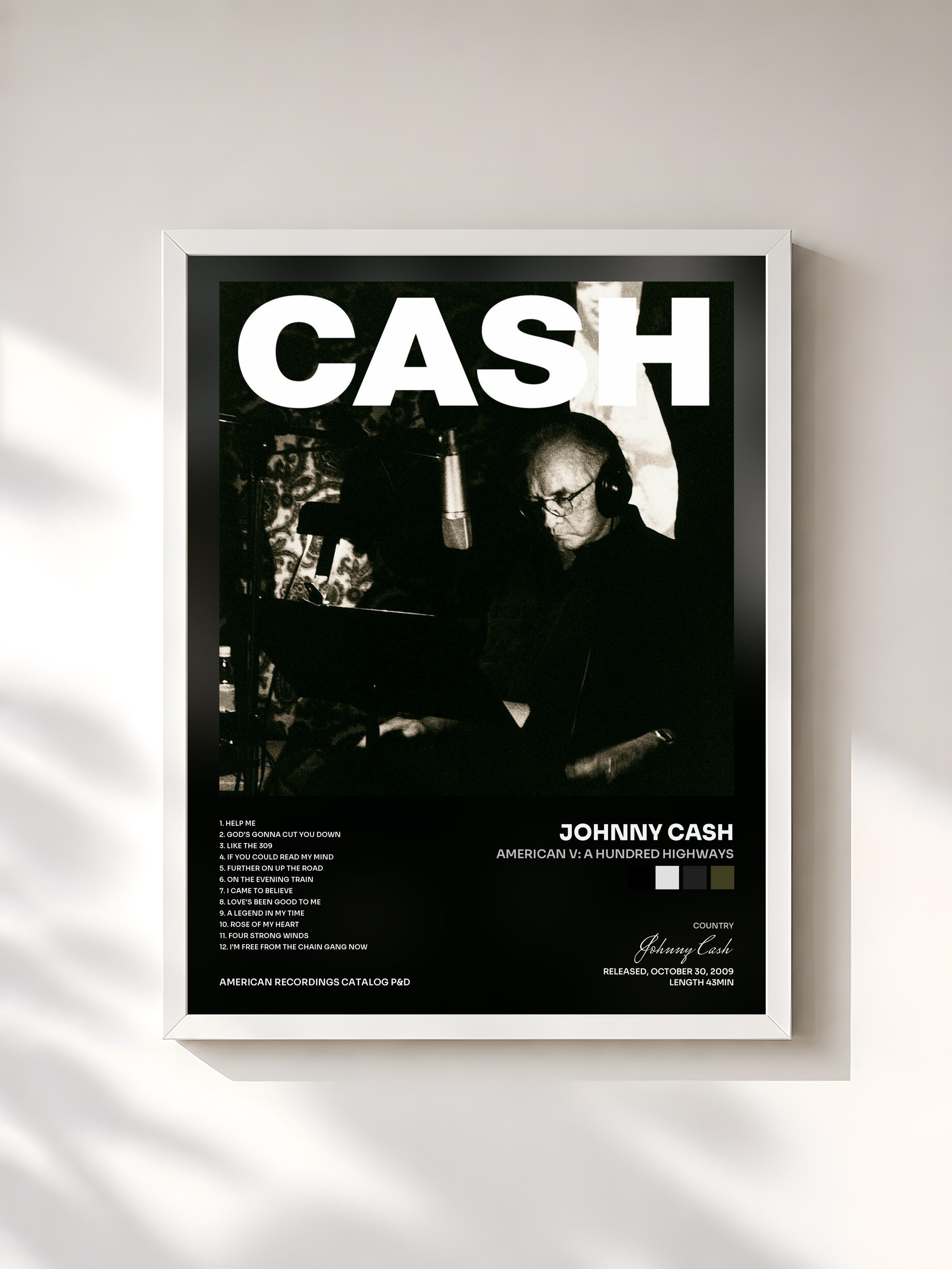 #blanc Tableau de l'album American V: A Hundred Highways de Johnny Cash, cadre blanc, imprimé et encadré en France