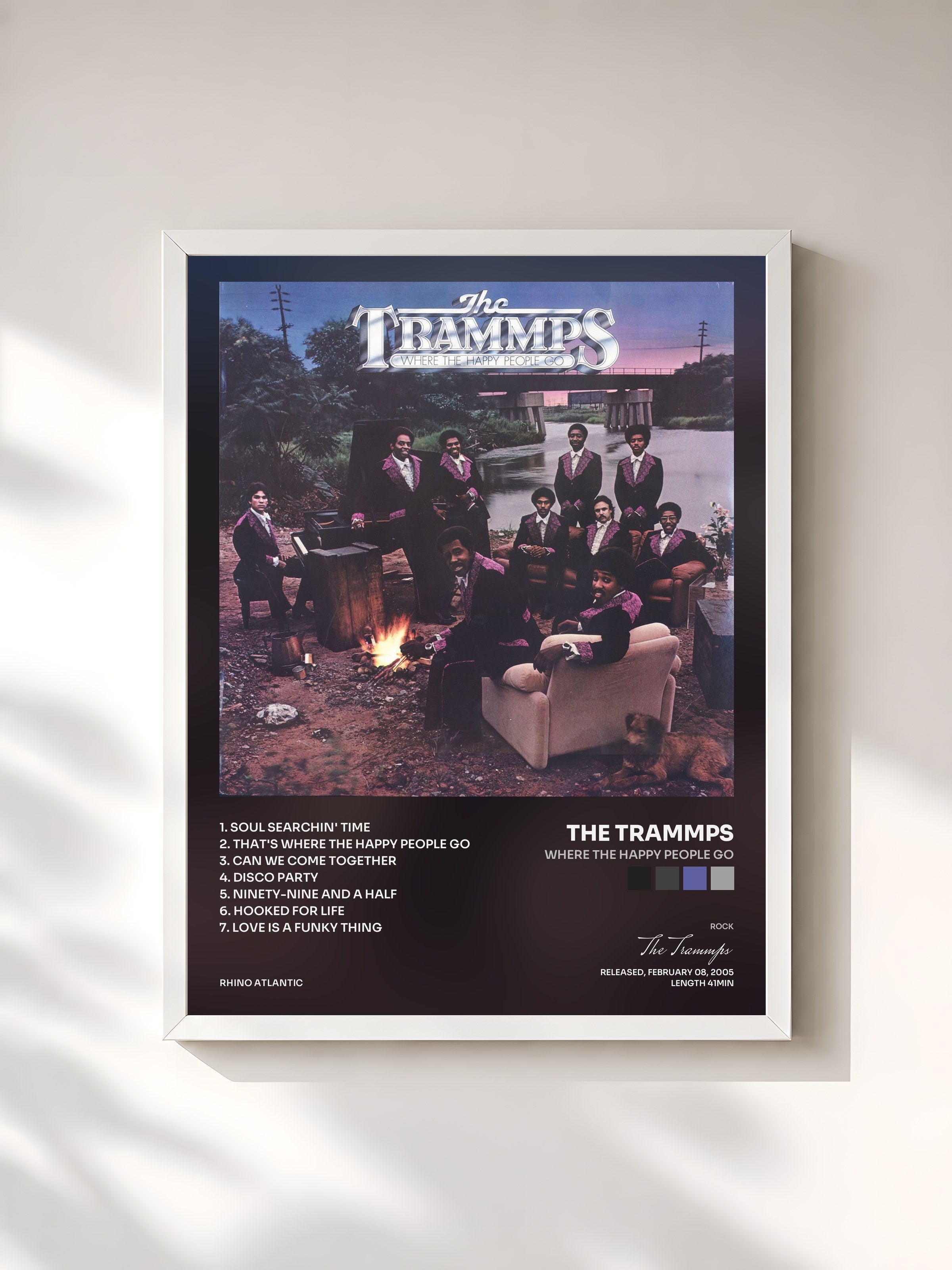 #blanc Tableau de l'album Where The Happy People Go de The Trammps, cadre blanc, imprimé et encadré en France