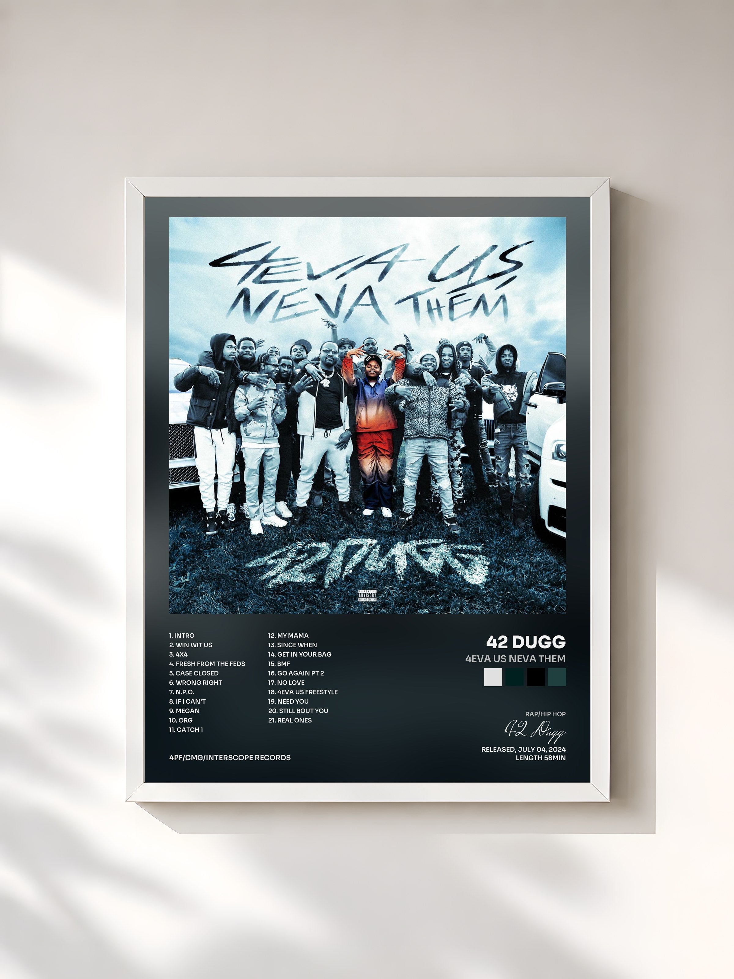 #blanc Tableau de l'album 4eva Us Neva Them de 42 Dugg, cadre blanc, imprimé et encadré en France