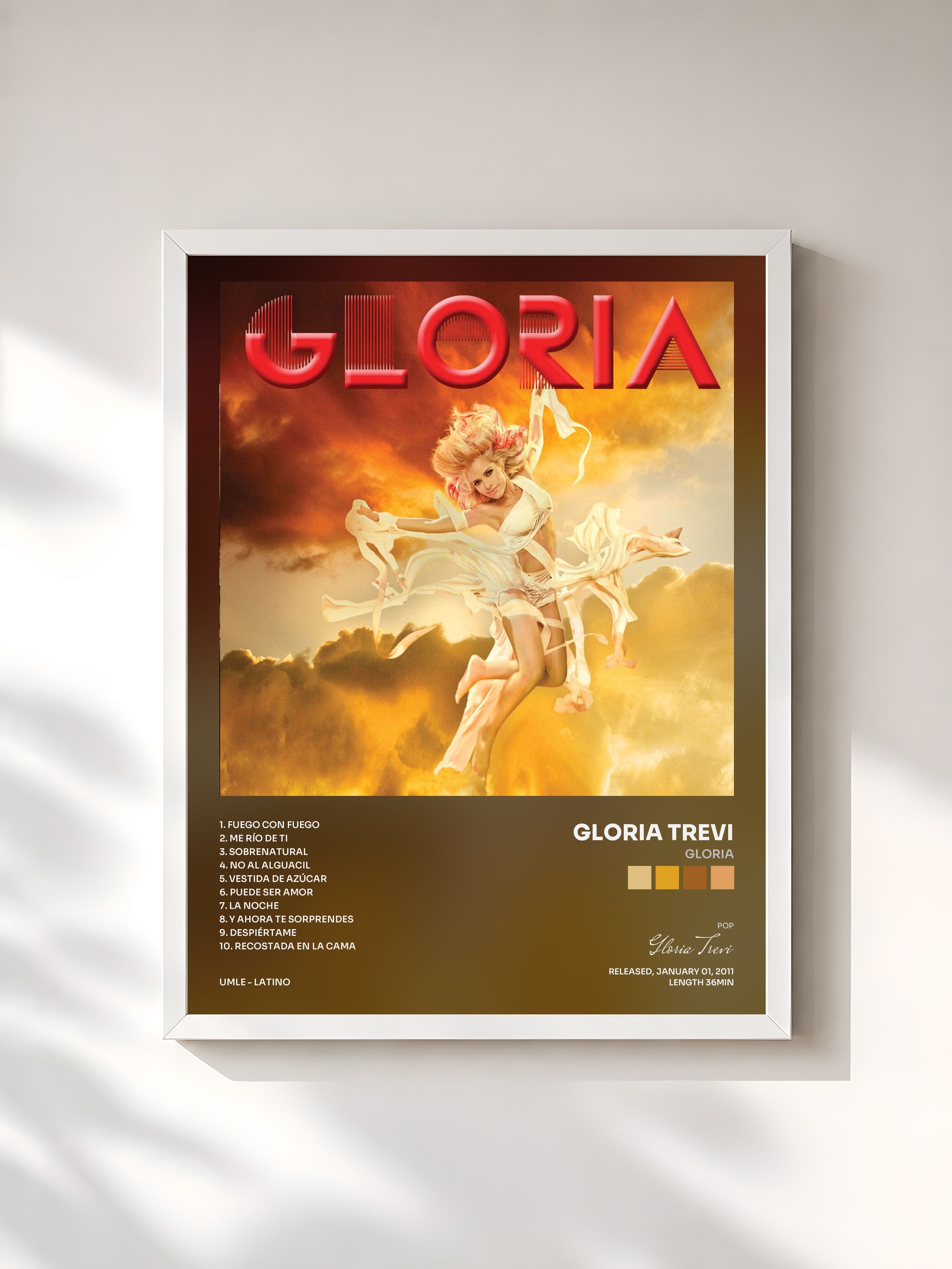 #blanc Tableau de l'album Gloria de Gloria Trevi, cadre blanc, imprimé et encadré en France
