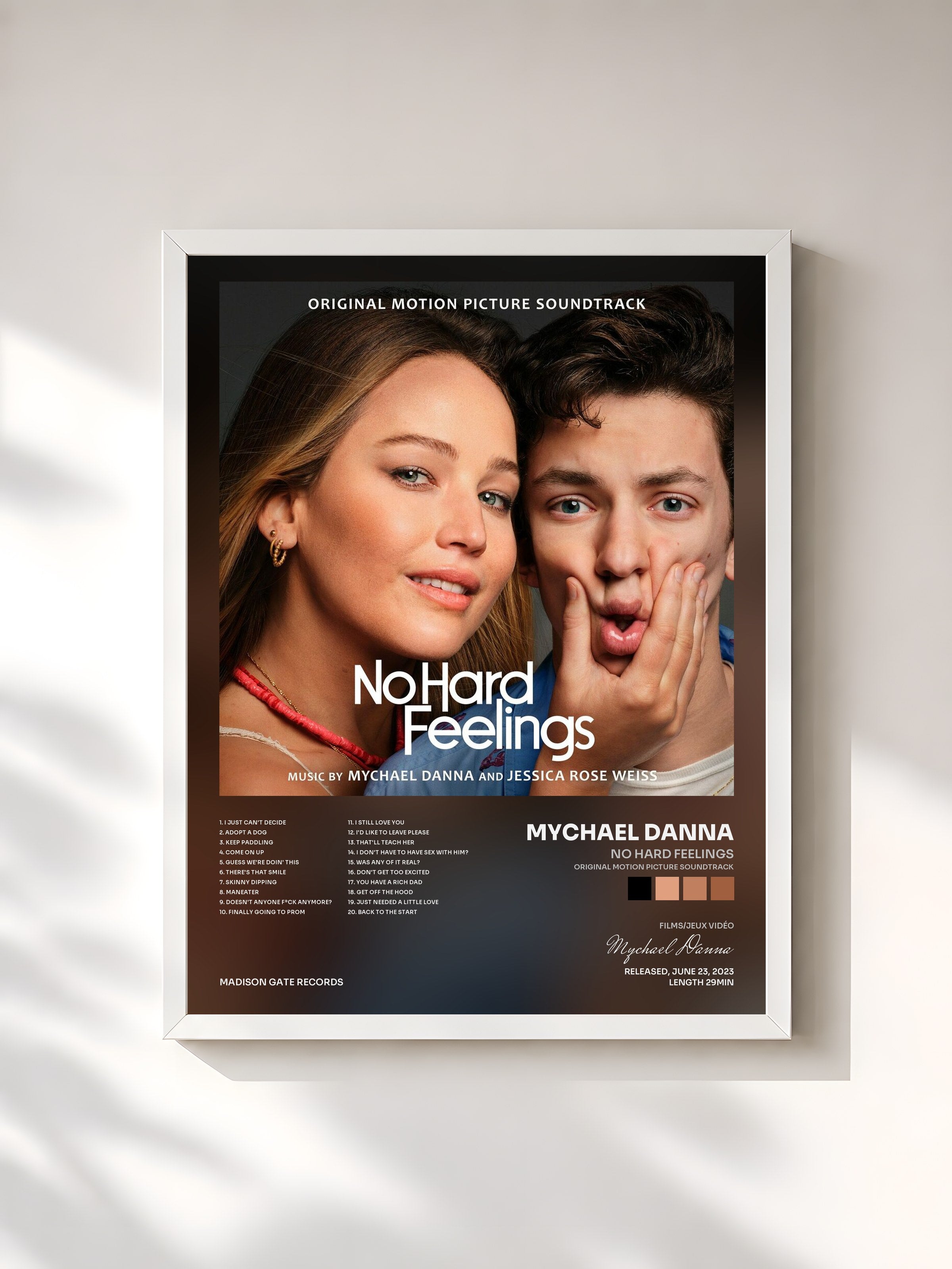#blanc Tableau de l'album No Hard Feelings (Original Motion Picture Soundtrack) de Mychael Danna, cadre blanc, imprimé et encadré en France